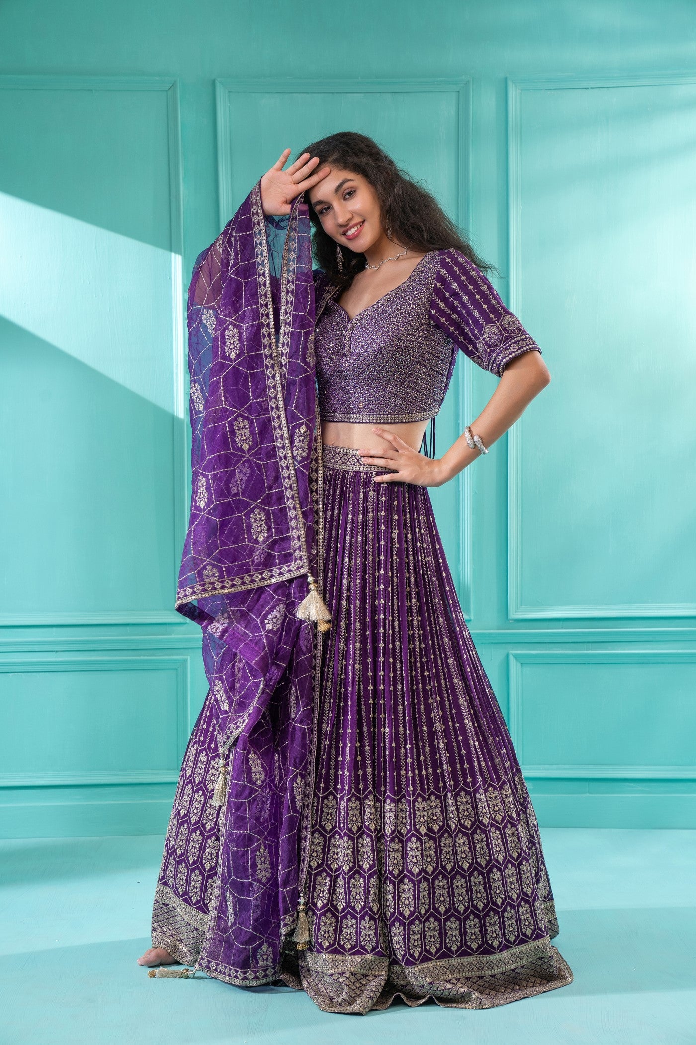 Purple Lehenga Set In Georgette With Mirror And Thread Embroidery