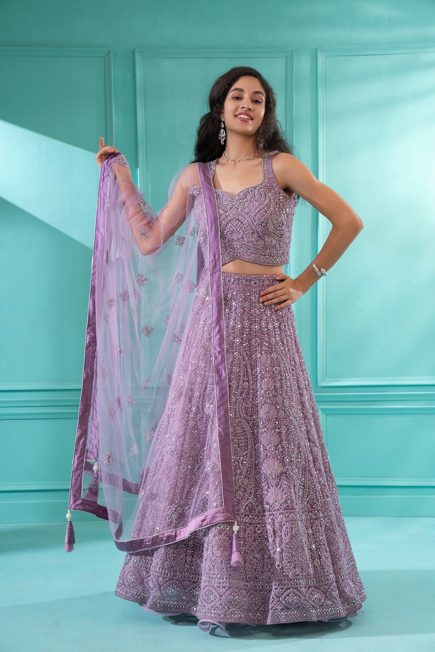 Onion Pink Festive Lehenga set with Moti Embriodered in Net