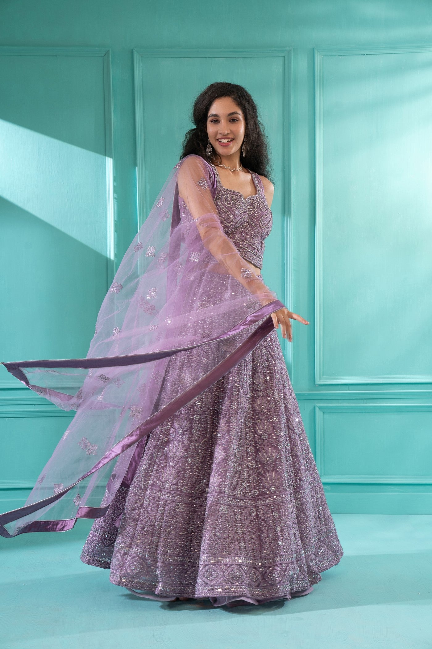 Onion Pink Festive Lehenga set with Moti Embriodered in Net