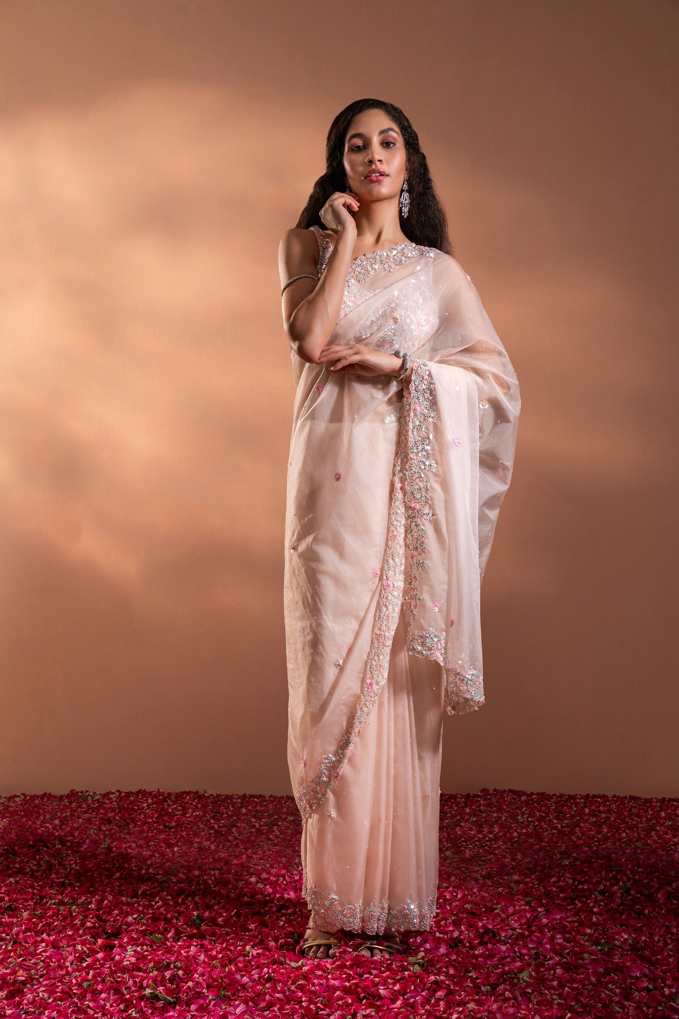 Petal Pink Saree In Organza With Sequence, Moti & Threadwork