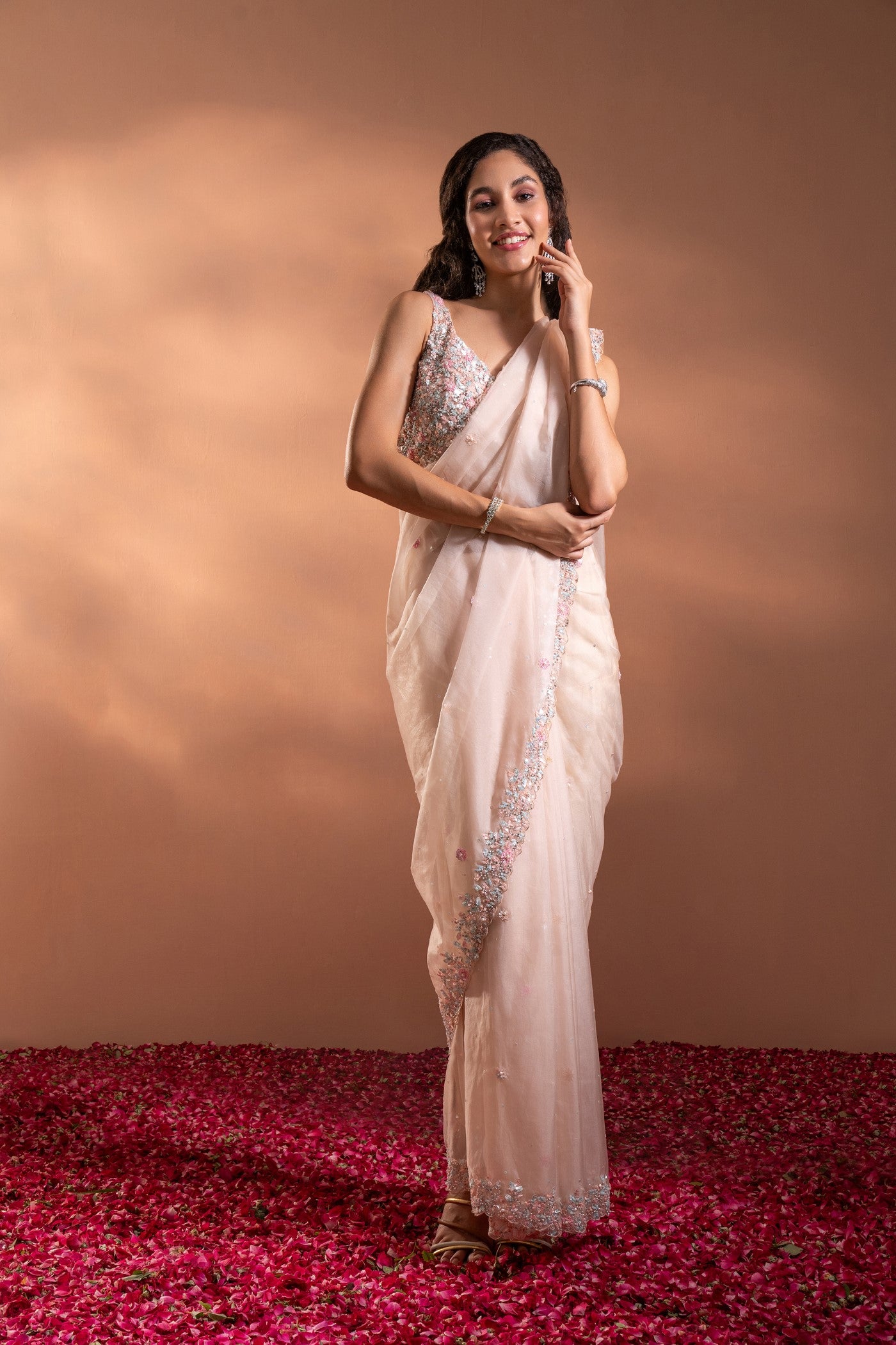 Petal Pink Saree In Organza With Sequence, Moti & Threadwork