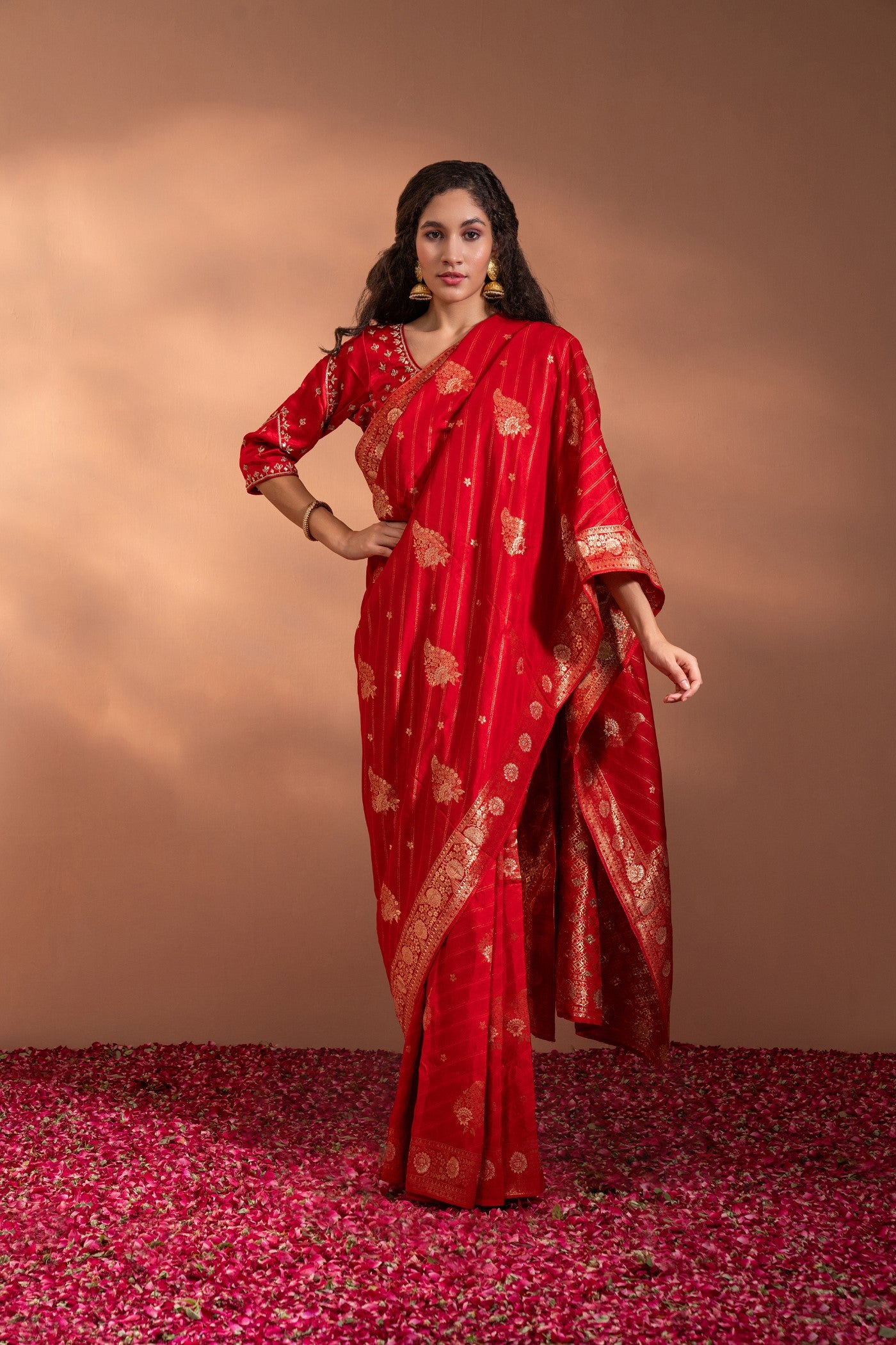 Crimson Red Banarasi Saree In Banarasi Silk wih Zari & Moti Thread-Work.