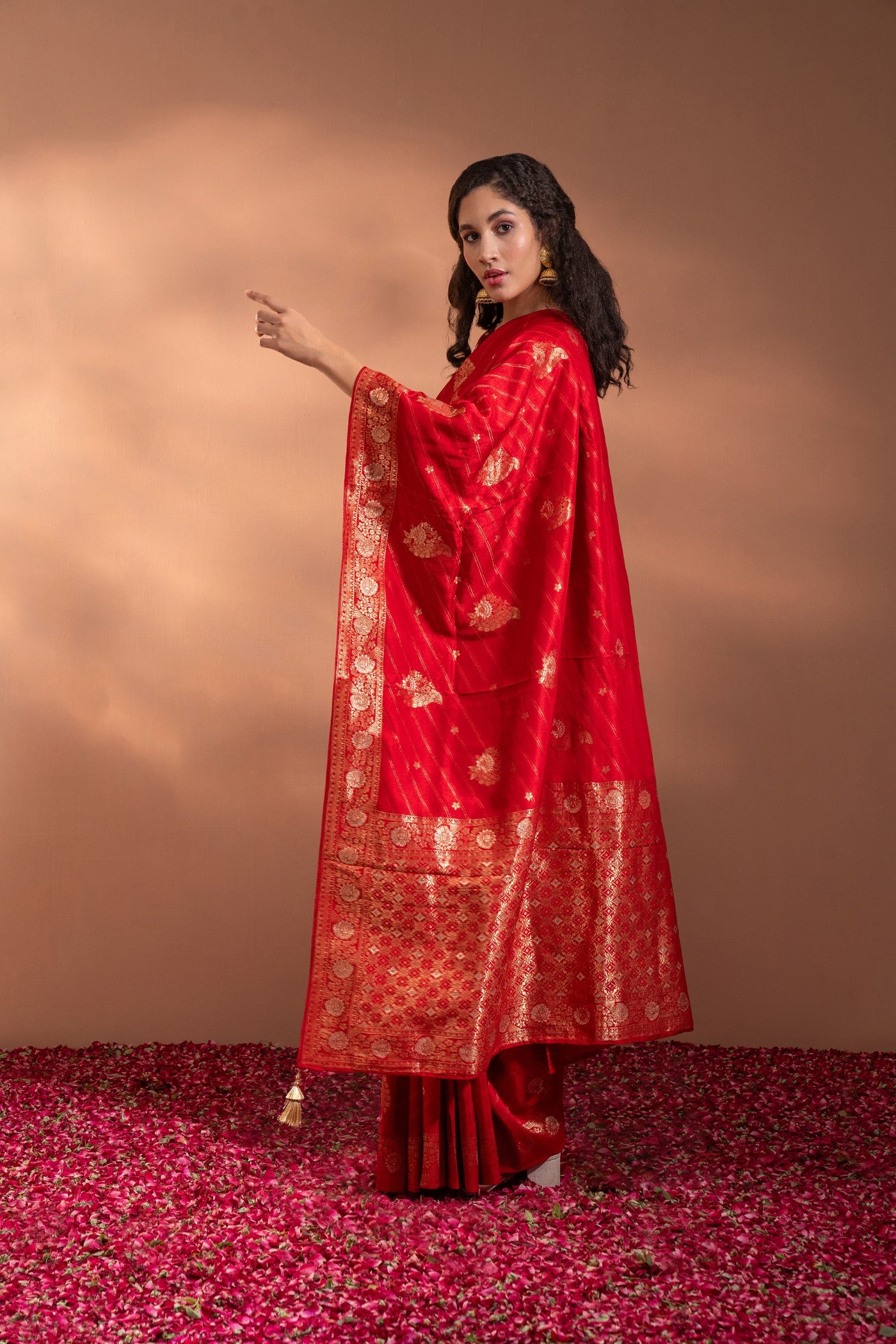 Crimson Red Banarasi Saree In Banarasi Silk wih Zari & Moti Thread-Work.