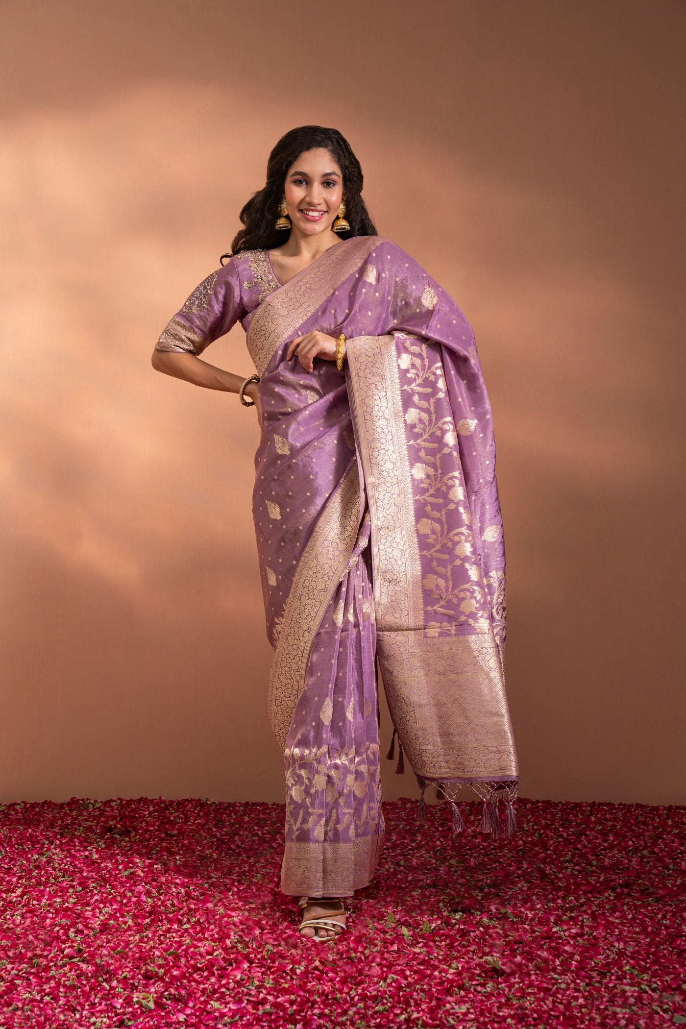 Lilac Snow Purple Banarasi Saree In Banarasi Silk wih Zari & Moti Thread-Work.