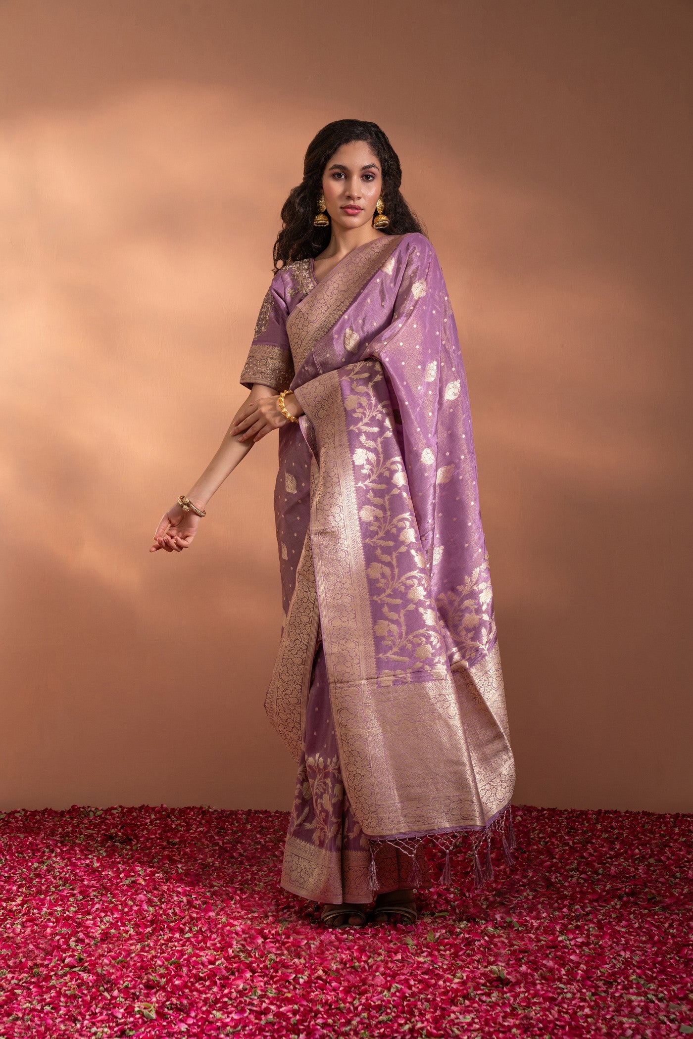 Lilac Snow Purple Banarasi Saree In Banarasi Silk wih Zari & Moti Thread-Work.
