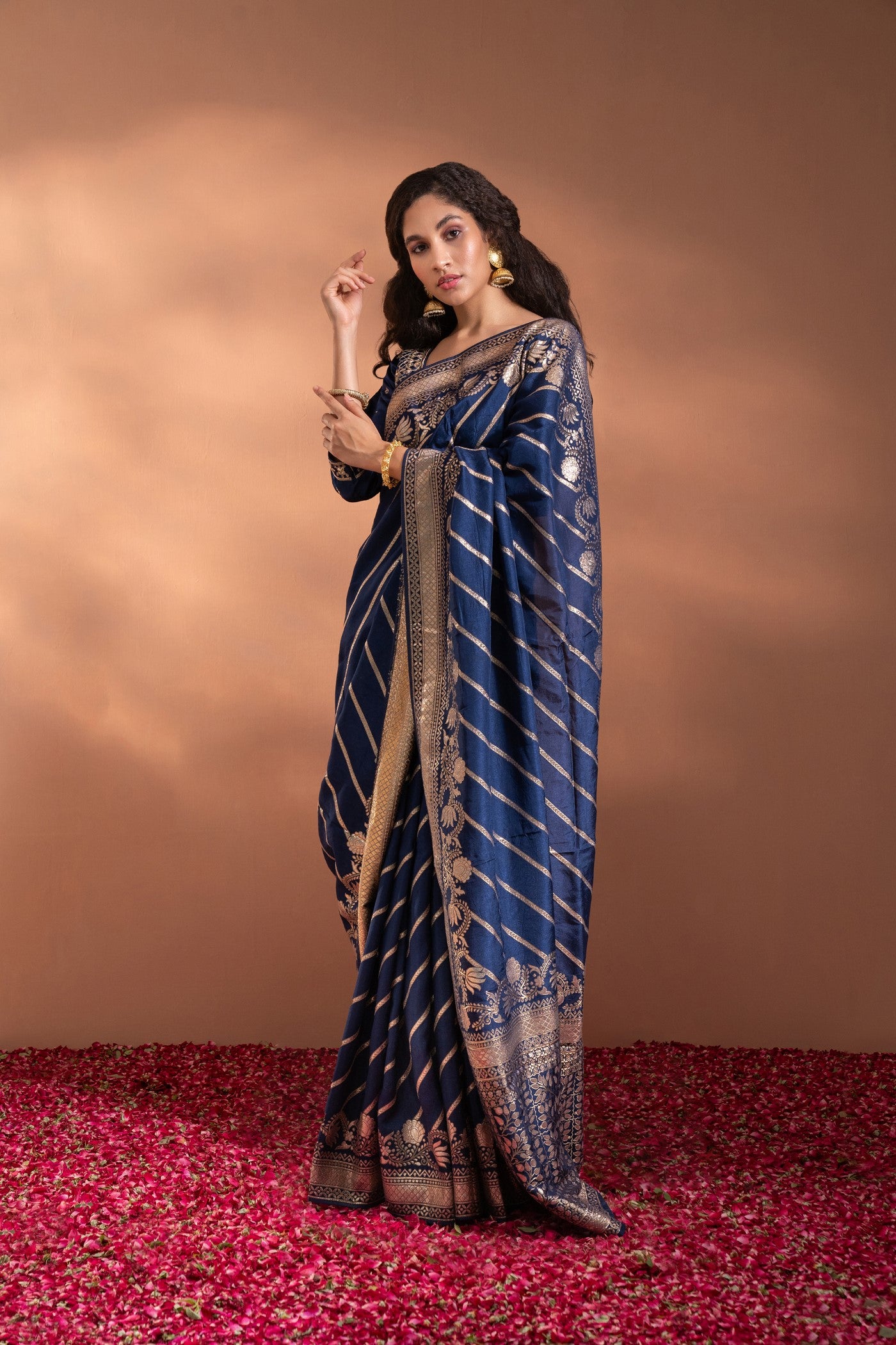 Royal Blue Banarasi Saree In Banarasi Silk wih Zari & Moti Thread-Work