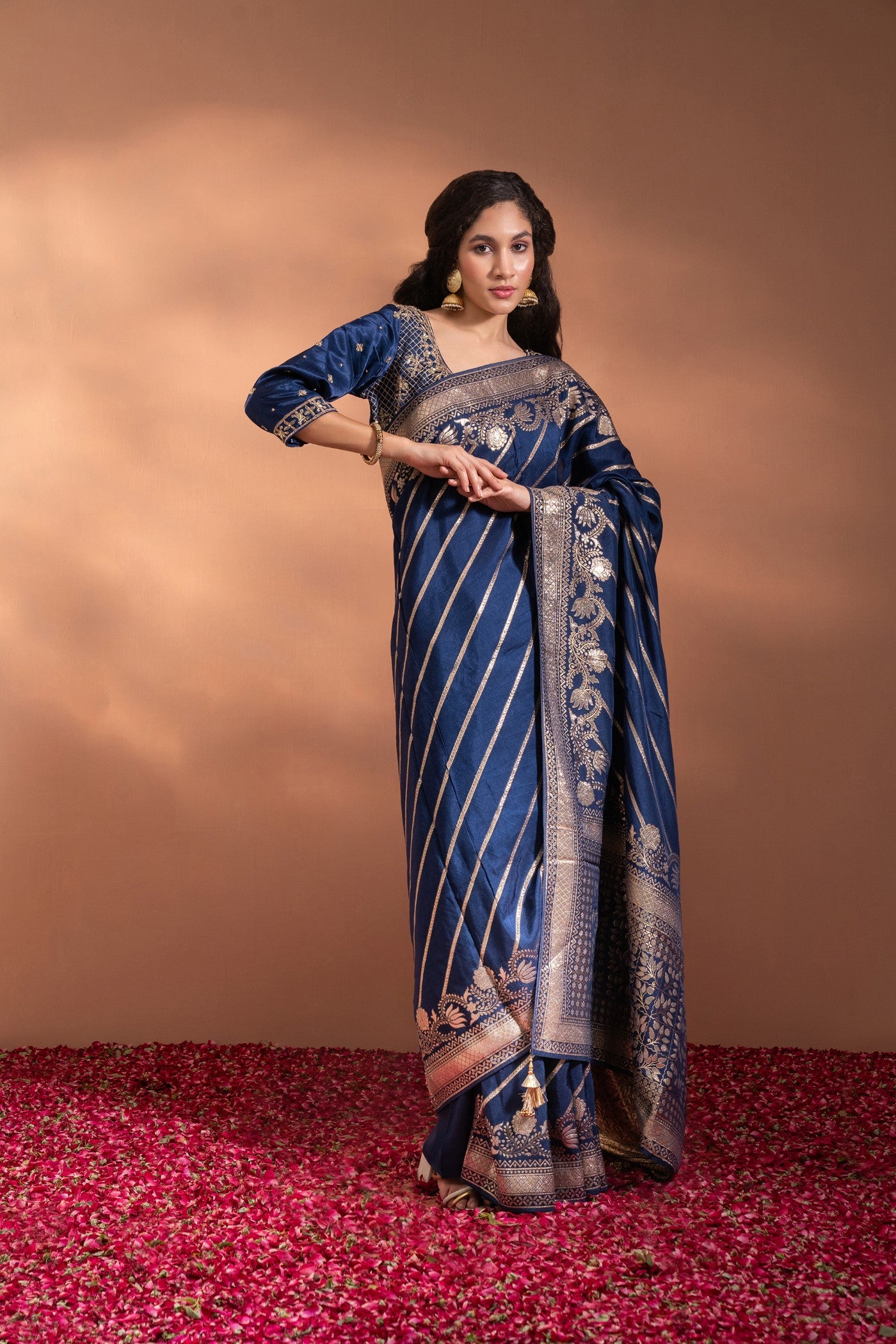 Royal Blue Banarasi Saree In Banarasi Silk wih Zari & Moti Thread-Work