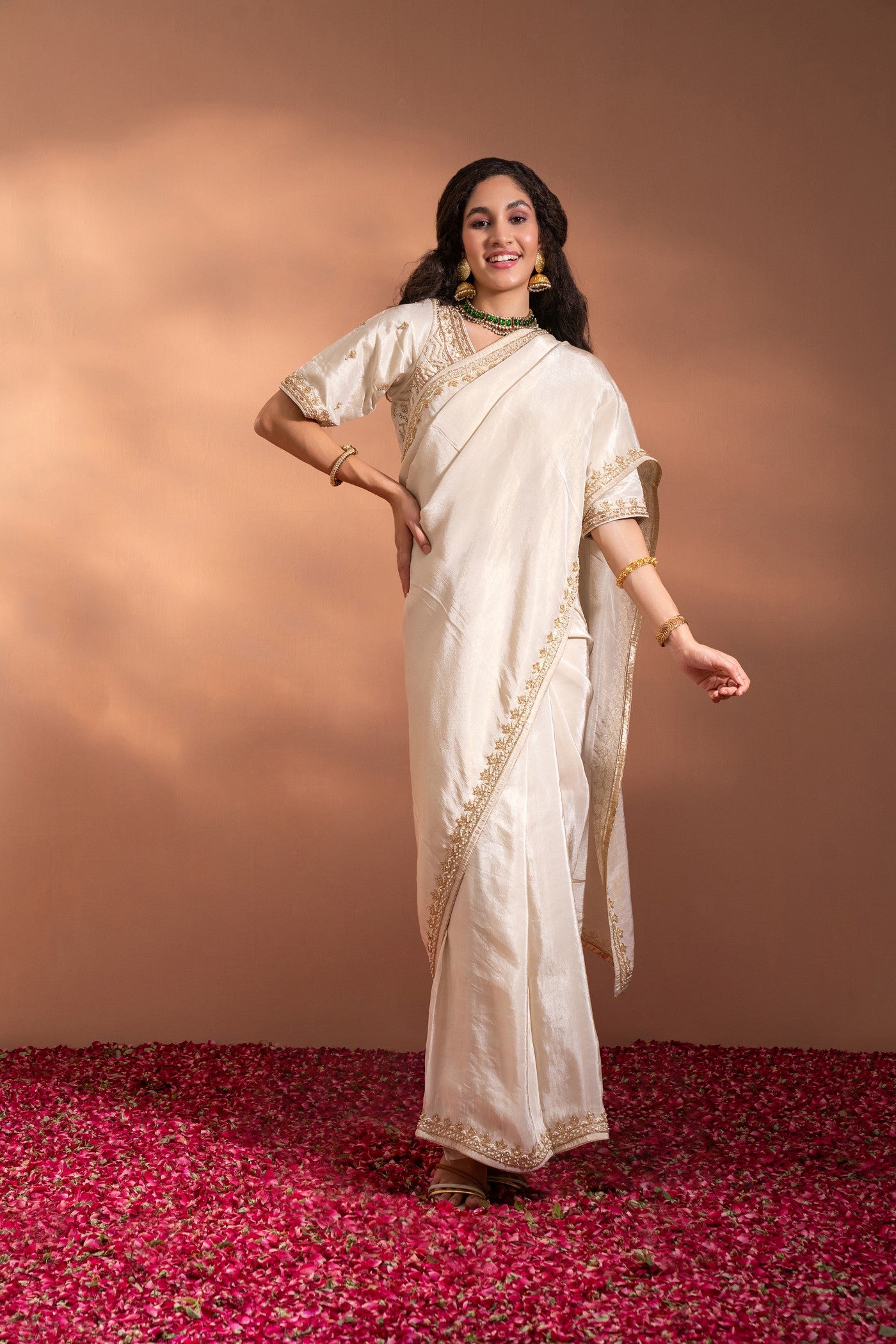 Ivory White Banarasi Saree In Banarasi Silk wih Zari & Moti Thread-Work