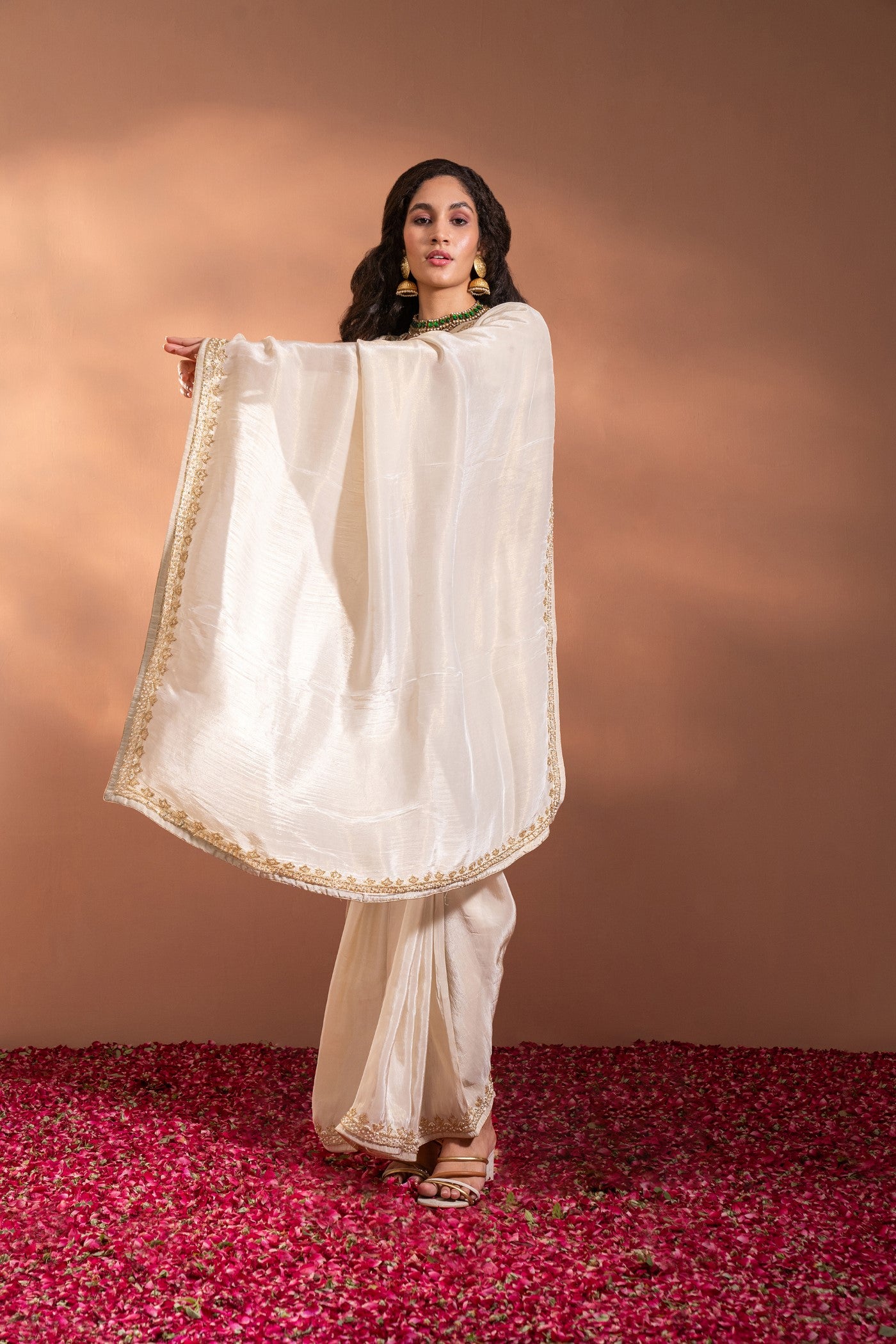 Ivory White Banarasi Saree In Banarasi Silk wih Zari & Moti Thread-Work