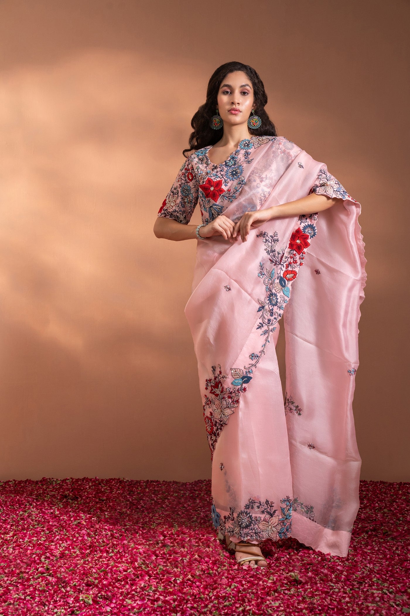 Carnation Pink Saree In Organza With Sequence, Moti & Threadwork