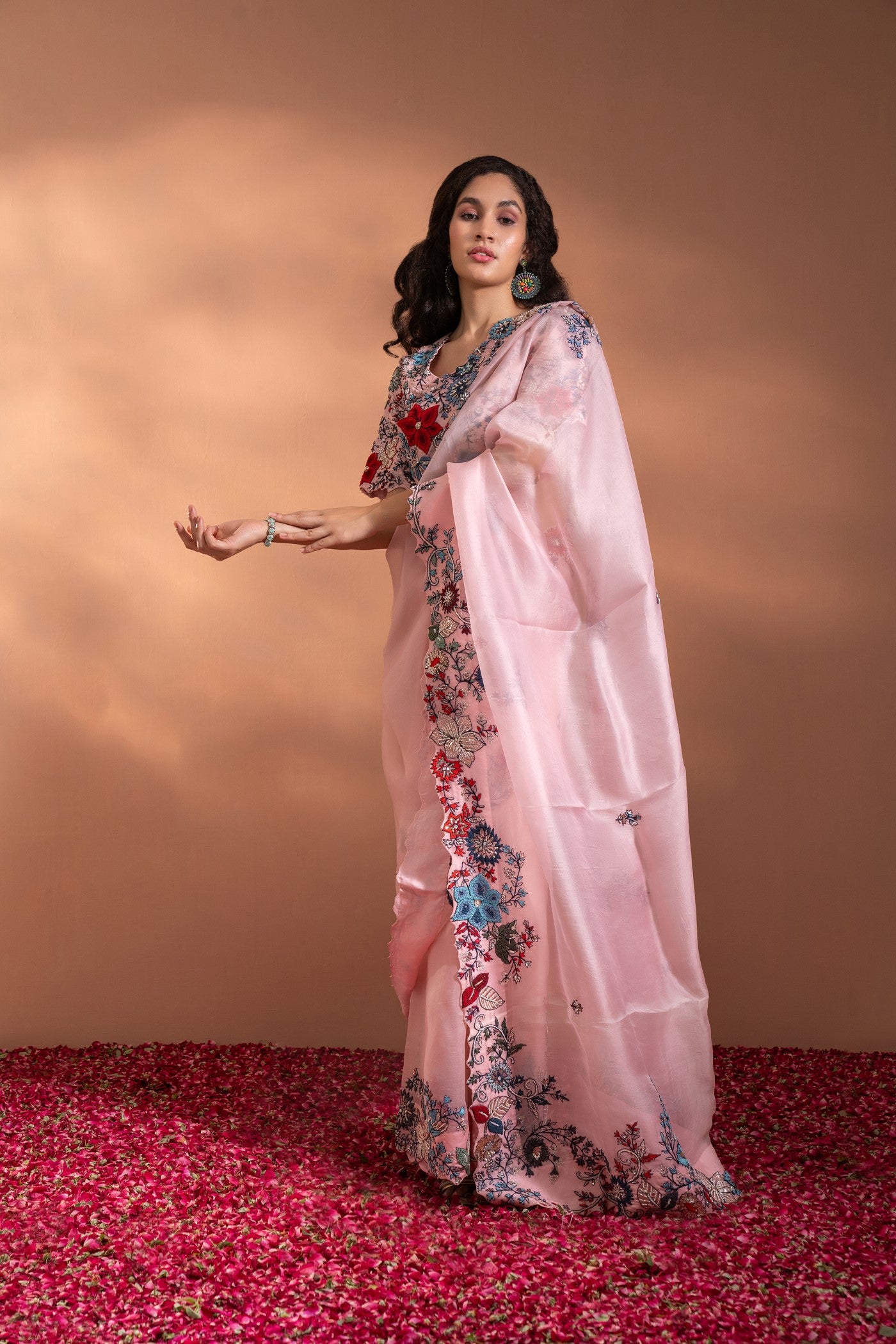 Carnation Pink Saree In Organza With Sequence, Moti & Threadwork
