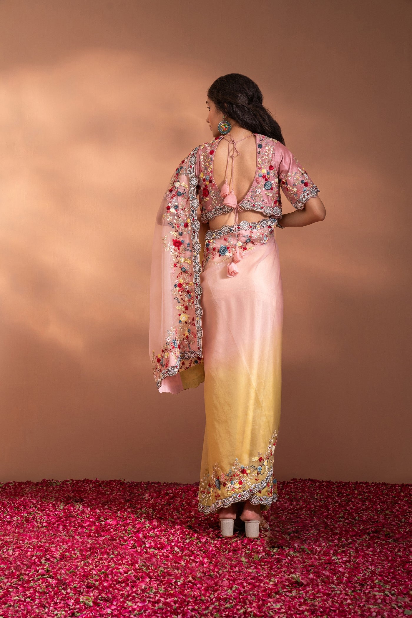 The Saree In Organza With Sequence, Moti & Threadwork in a Pastel Gradience Shade