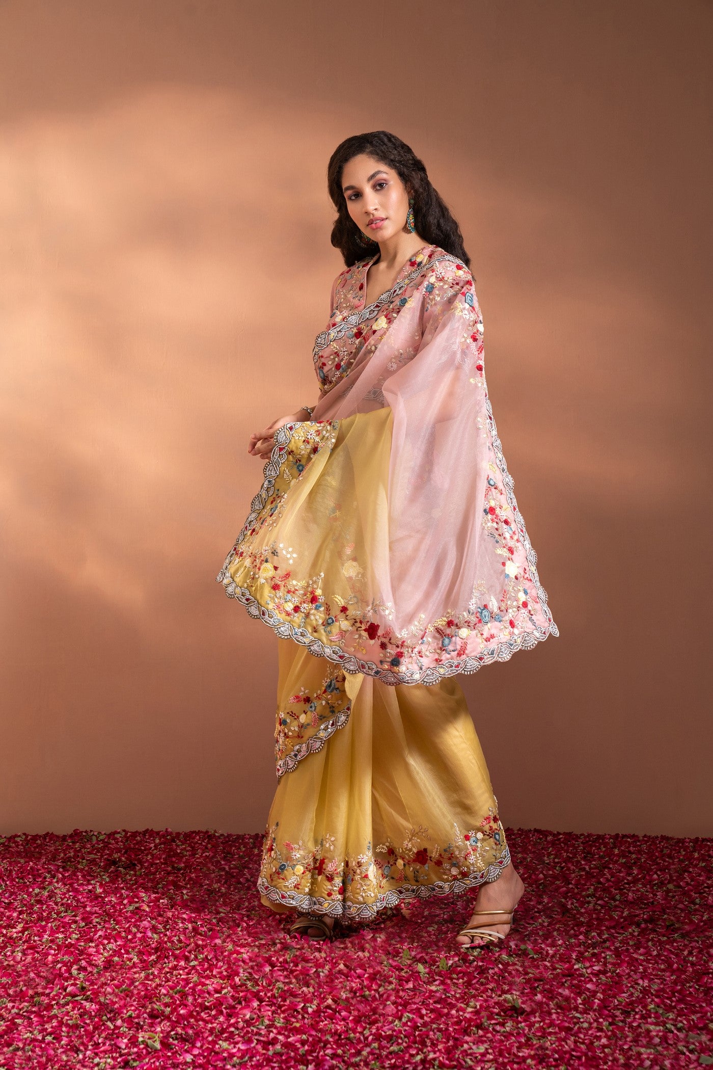 Radiant Pastel Peach Colored Partywear Digital Printed Organza Saree