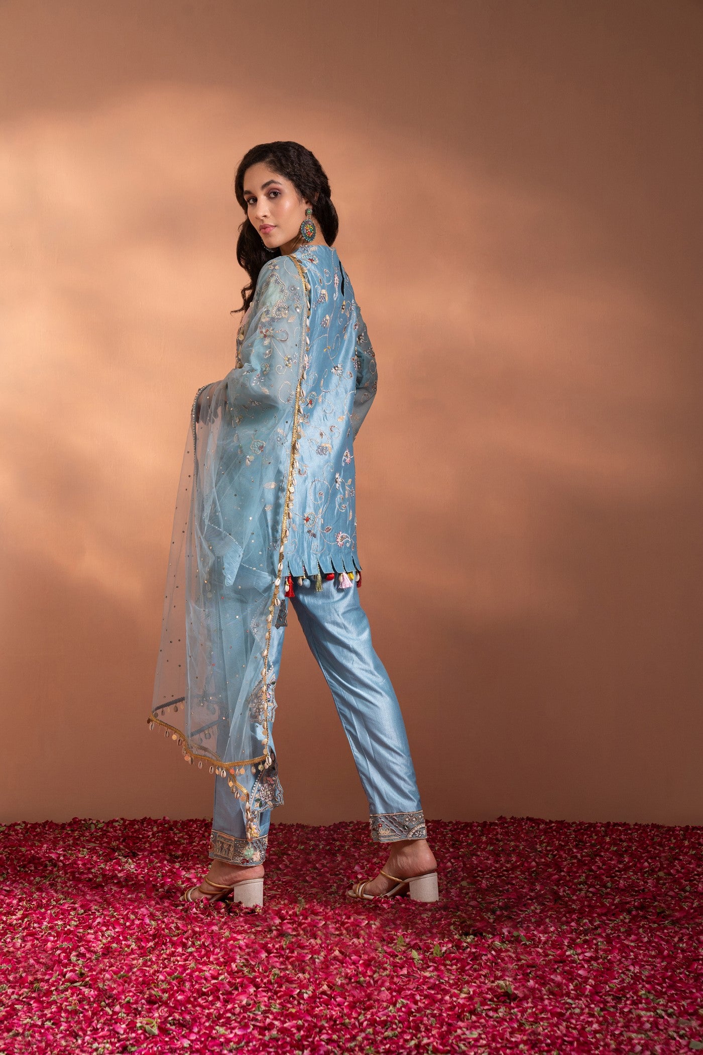 Skyway Blue Suit Set In Silk with Floral Threadwork & Moti with Organza Dupatta