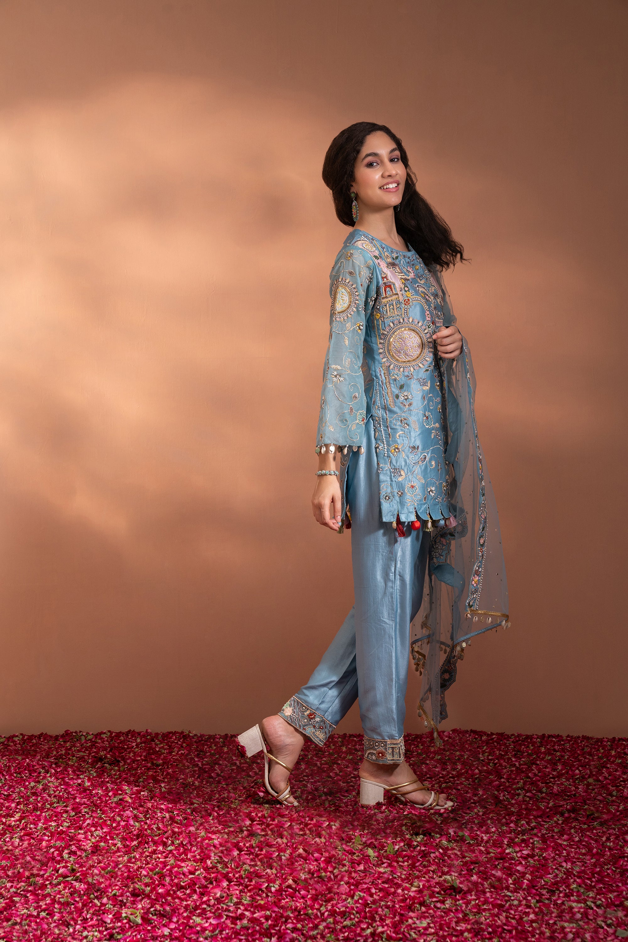 Skyway Blue Suit Set In Silk with Floral Threadwork & Moti with Organza Dupatta