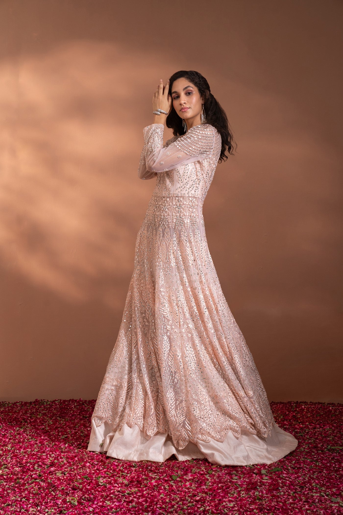 Light Peach Sequins Embroidered Umbrella Gown
