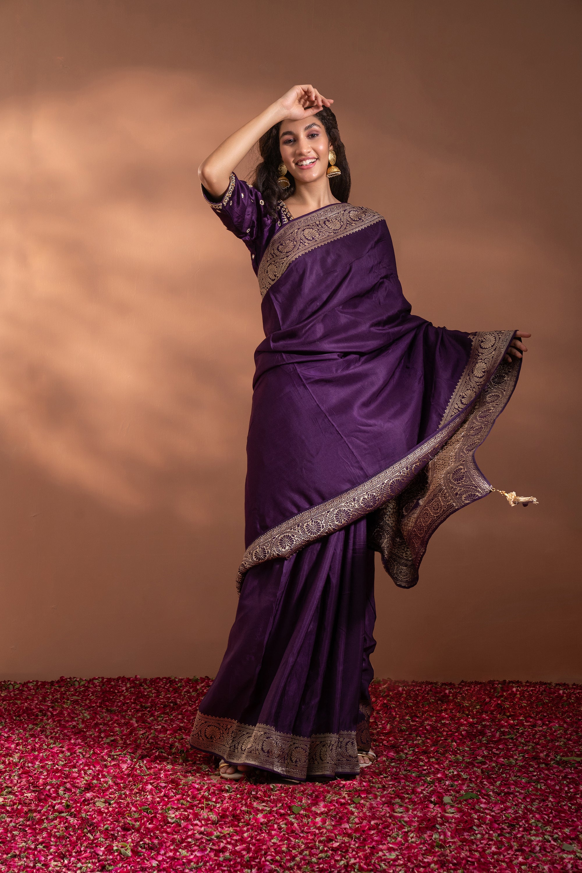 HOUSE OF BEGUM Womens Purple Banarasi Satin Silk Saree With Stone Work –  F2FMART.com