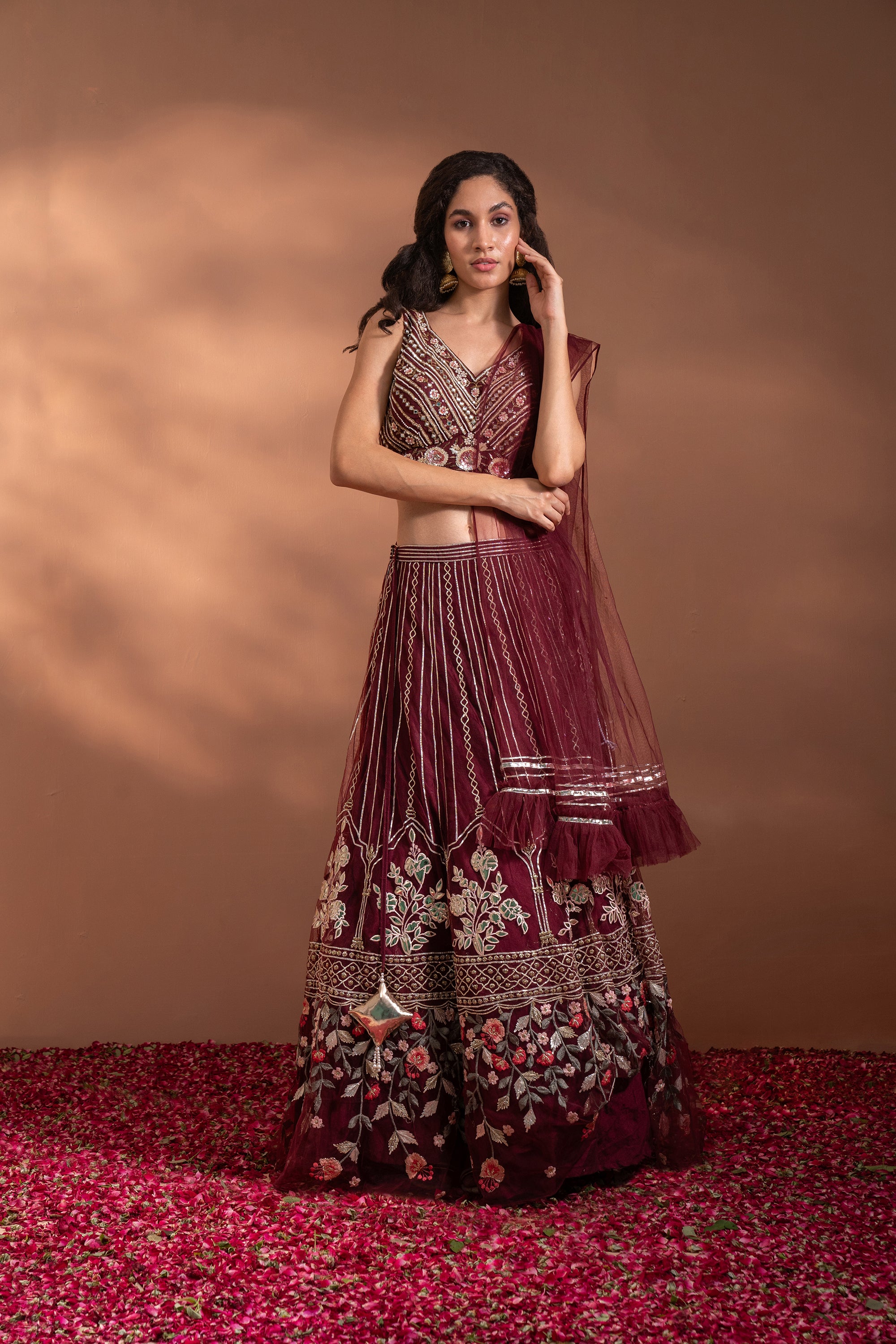 Maroon Colored Bridal Velvet material Lehenga Choli - SARI DEAL - 3605937