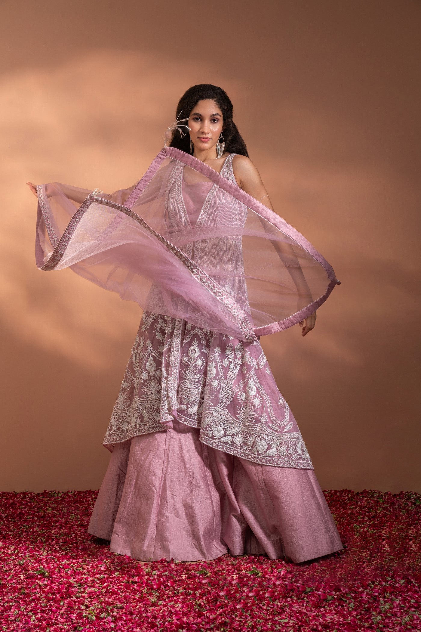 Onion Pink Lehenga Set in Silk with a Heavy Moti & Threadwork Embriodered Jacket