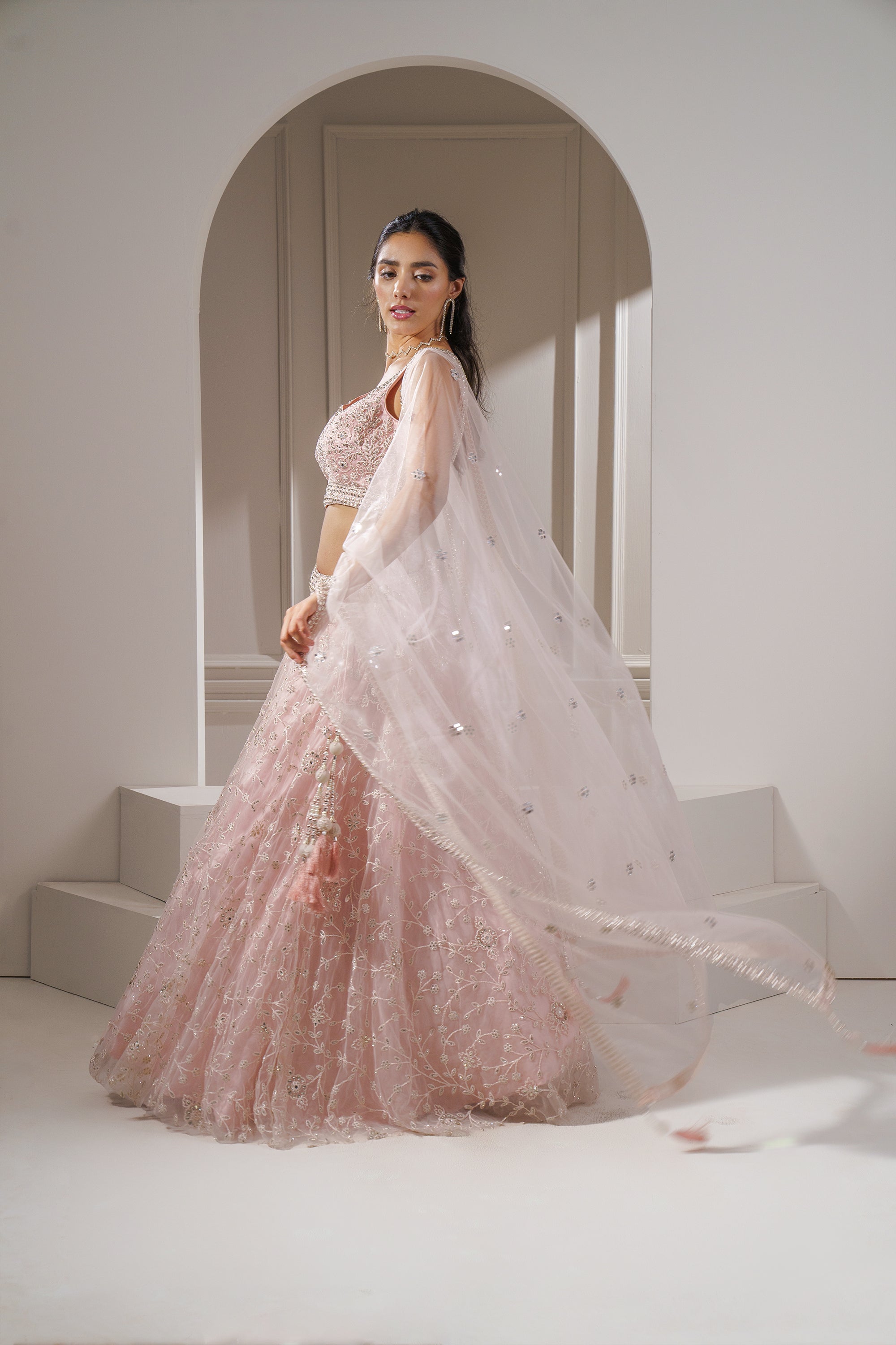 Blush Peach Organza Net Lehenga Set with Mirror, Thread and Sequins Embellishments,