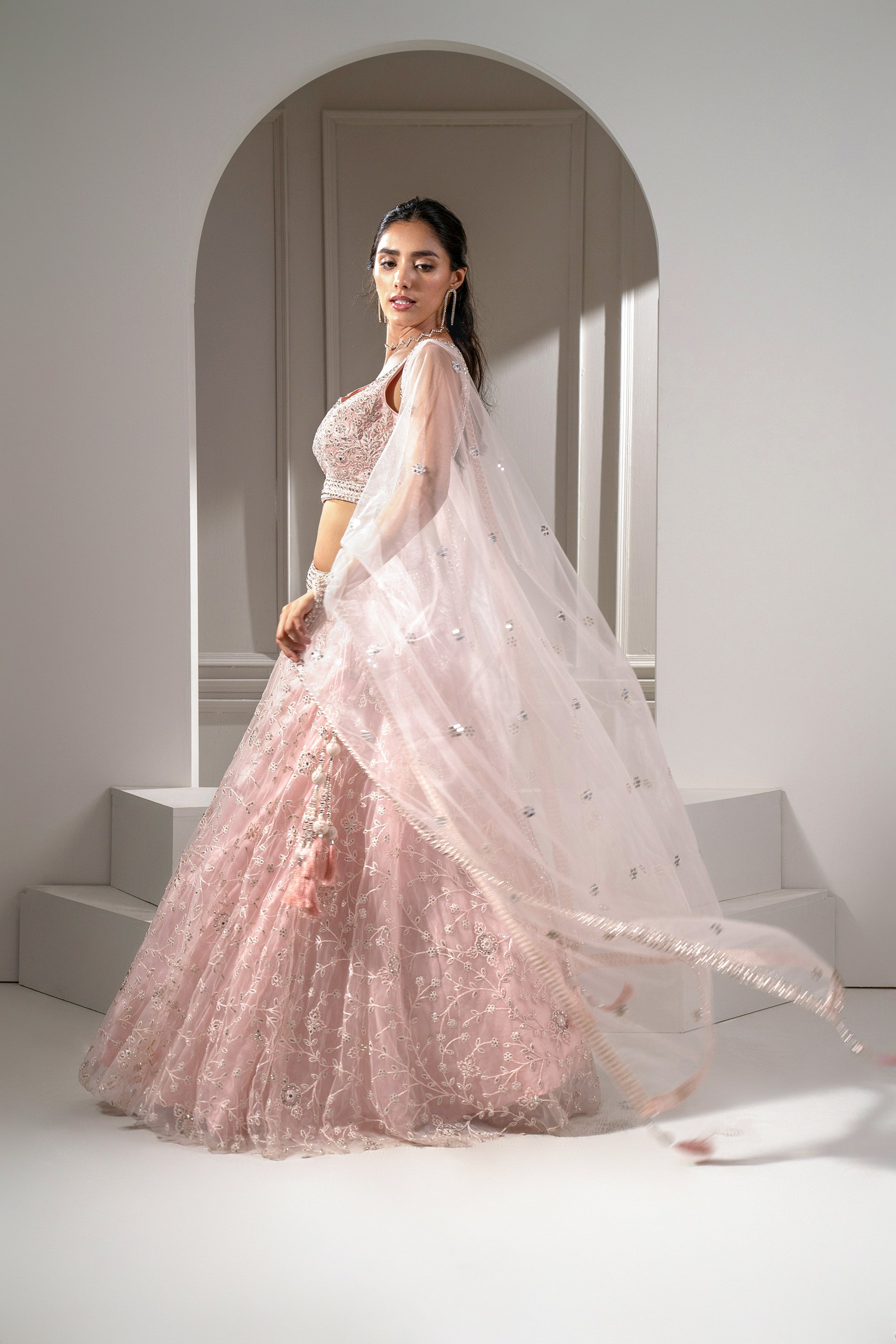 Blush Peach Organza Net Lehenga Set with Mirror, Thread and Sequins Embellishments,
