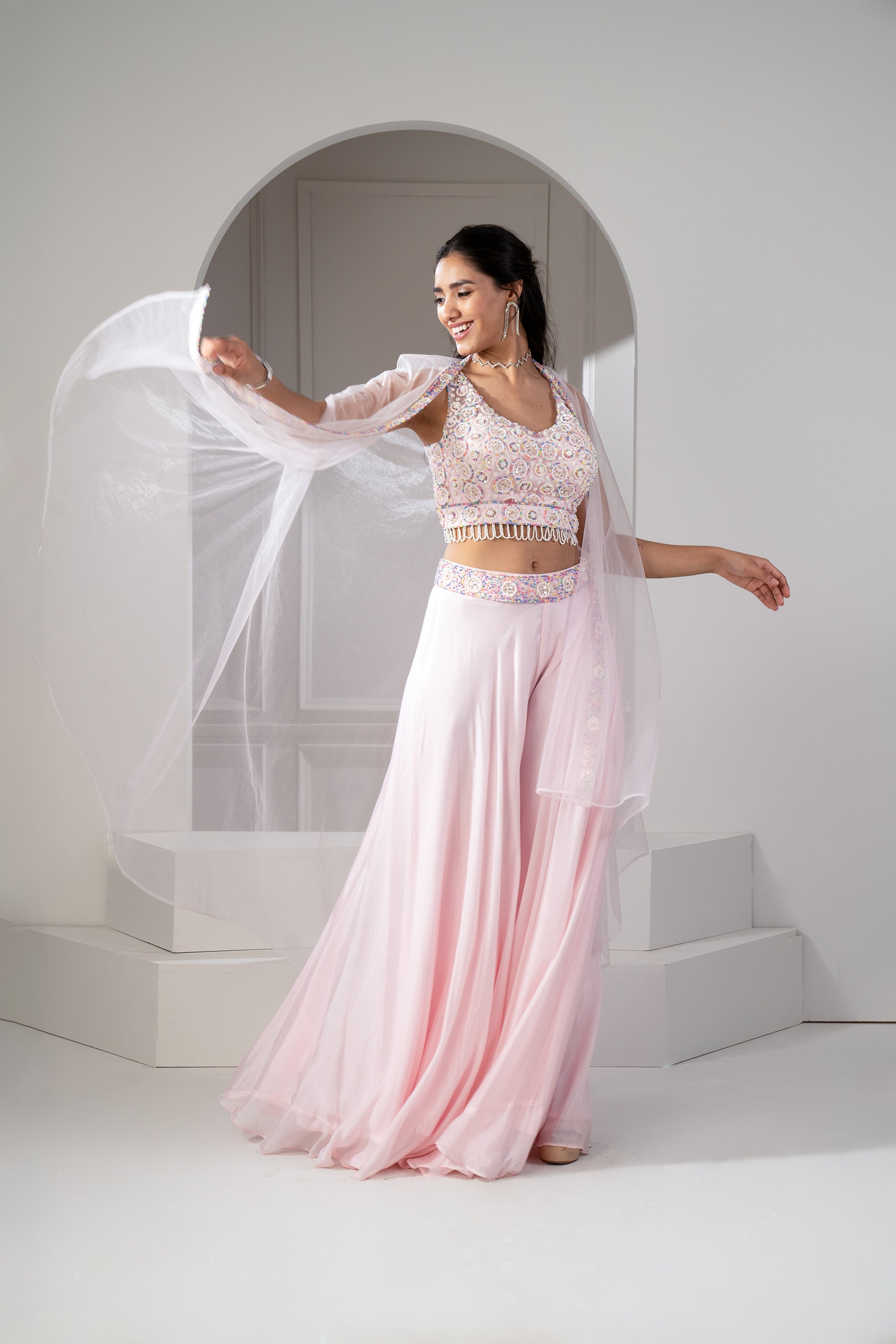 Baby Pink Satin Silk Lehenga Choli set with sequins and cutdana work