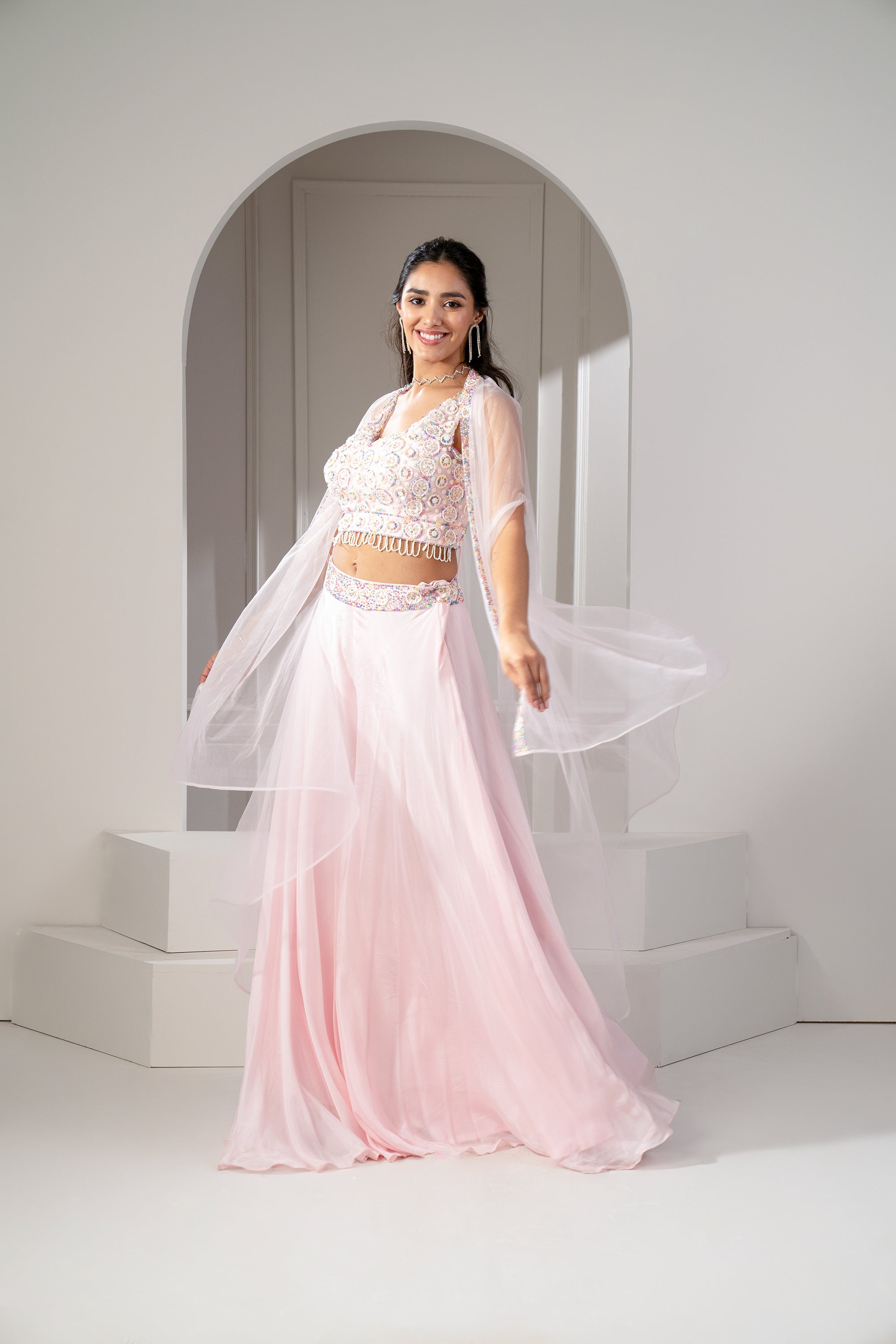 Baby Pink Satin Silk Lehenga Choli set with sequins and cutdana work