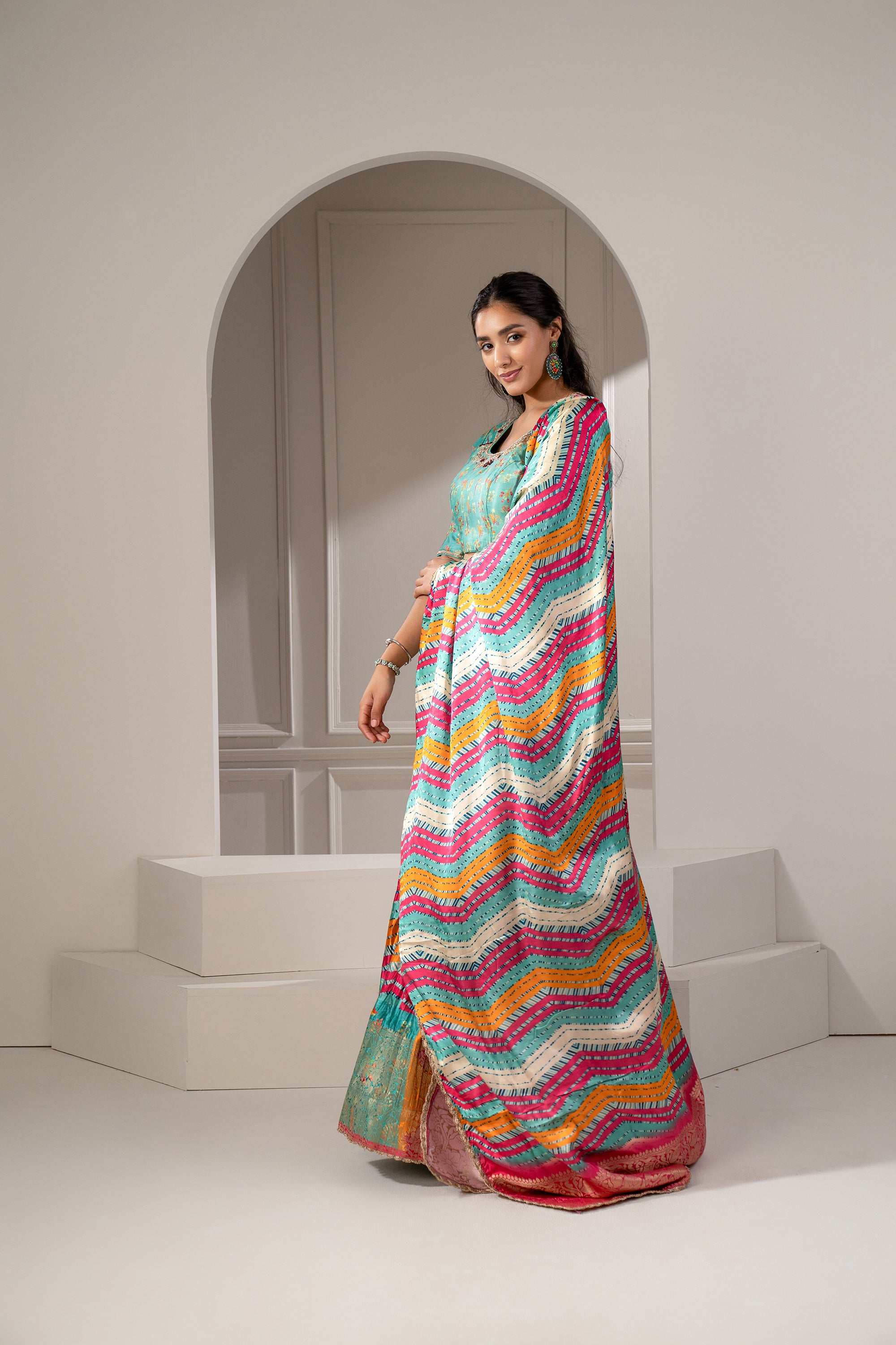 Multicoloured Sharting Silk Printed Lehenga Set