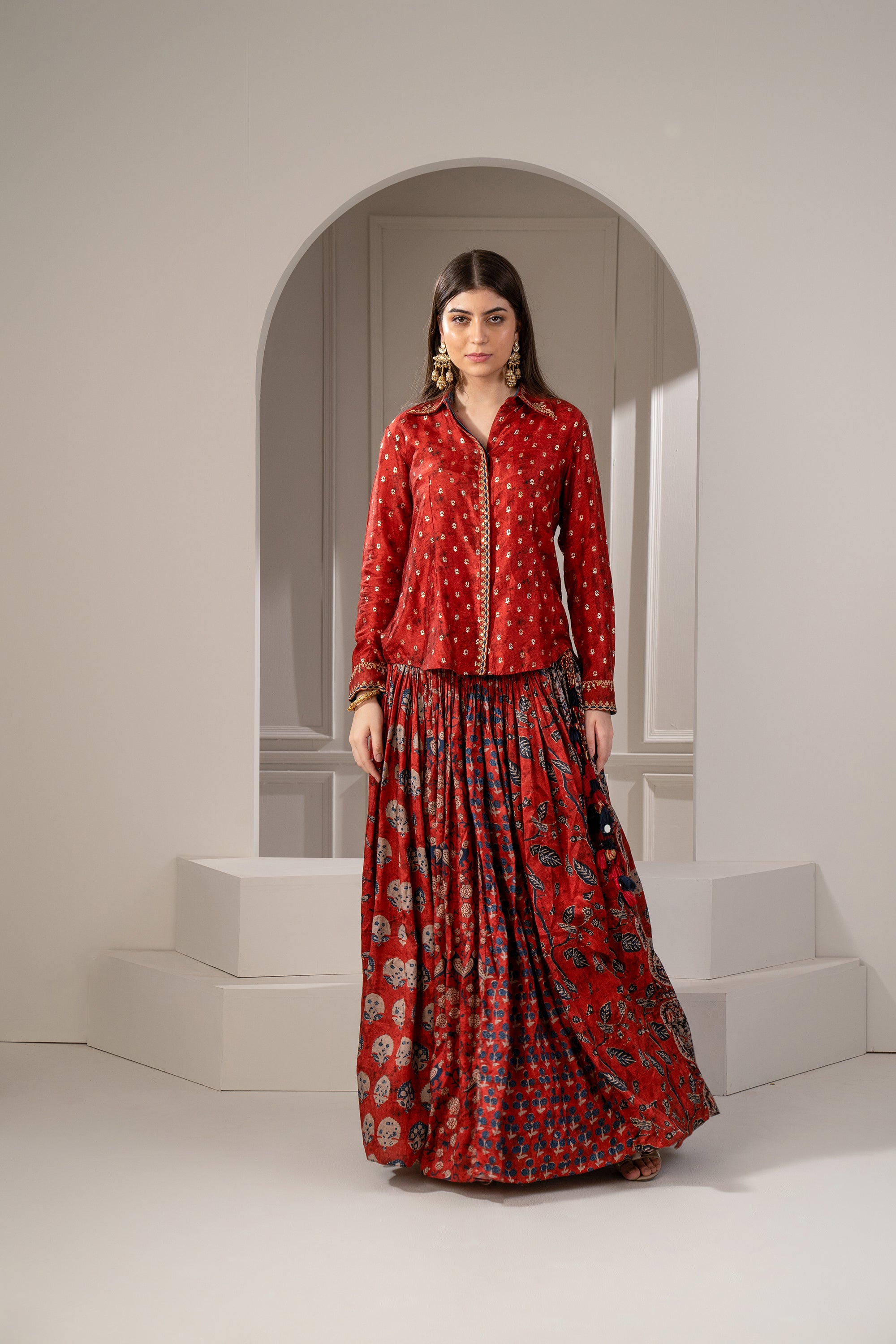 Brick Red Sharting Silk Printed Indo Western Set