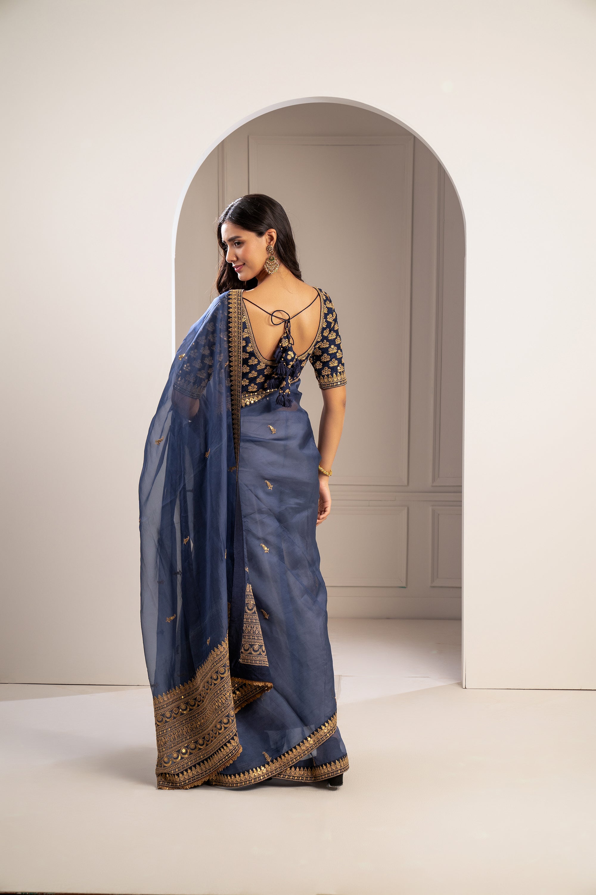 Indigo Blue Machine Embroidered Organza Saree