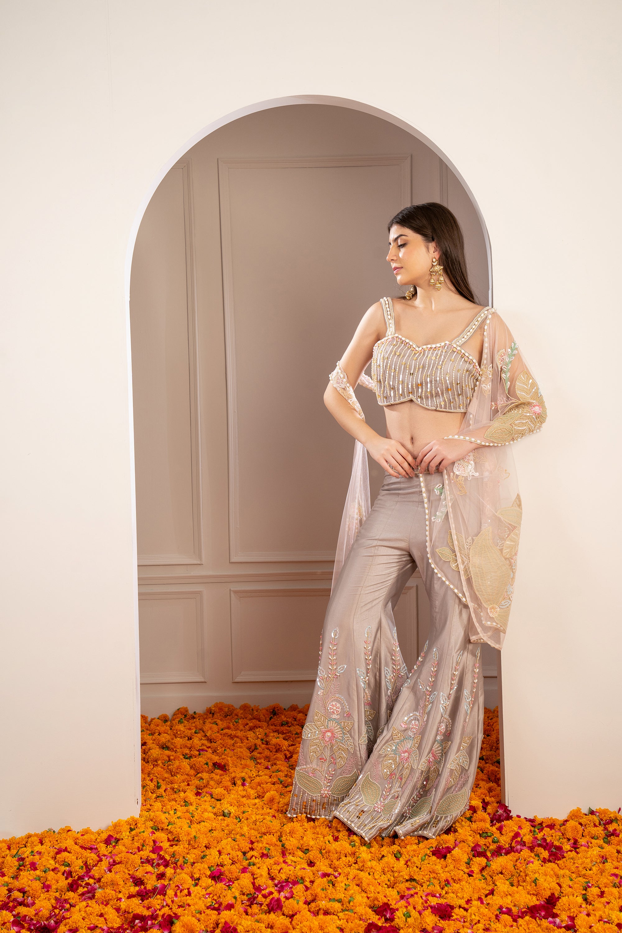 Champagne Gold Organza Sequins and Cutdana Embellished Indo Western Set