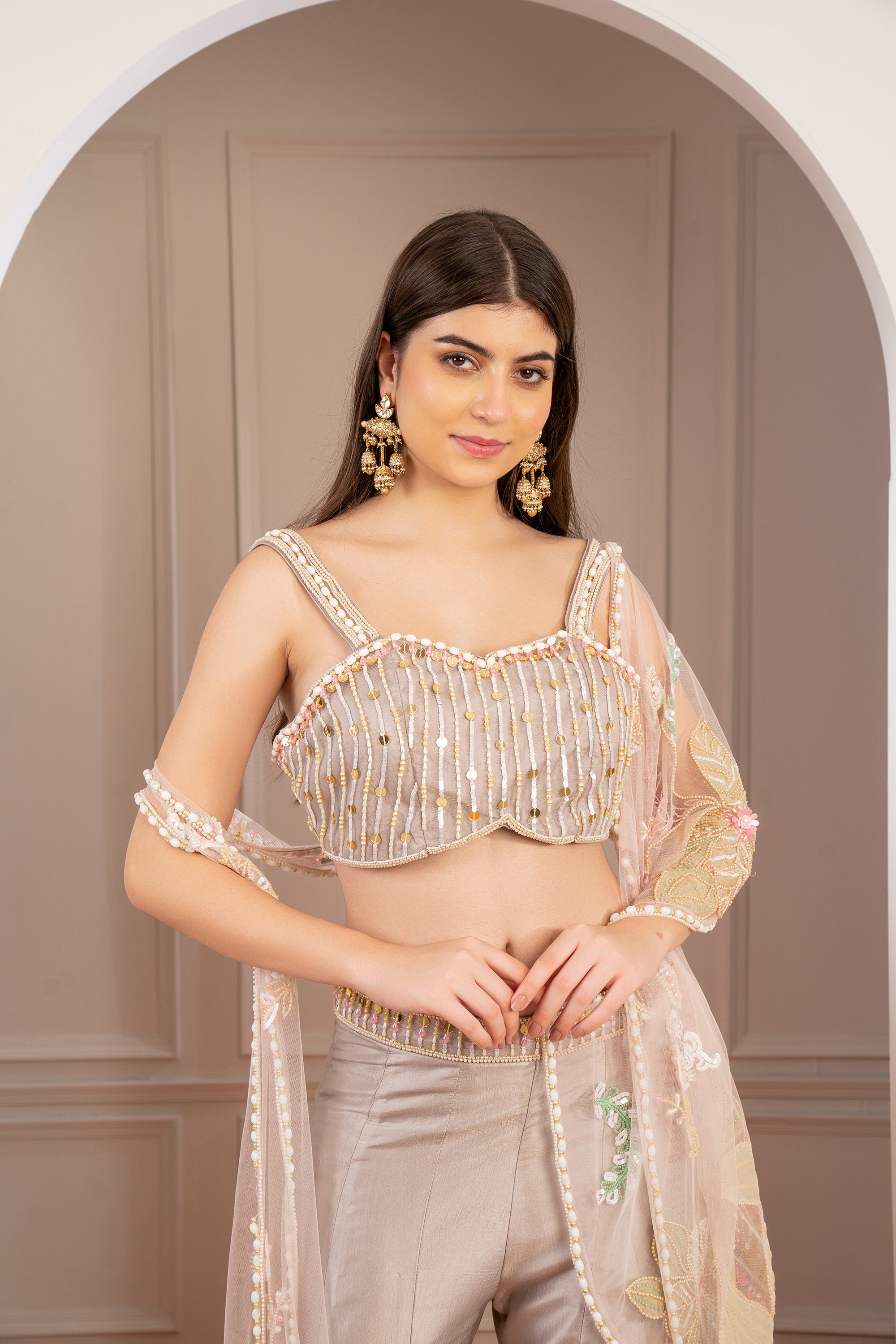 Champagne Gold Organza Sequins and Cutdana Embellished Indowestern Set