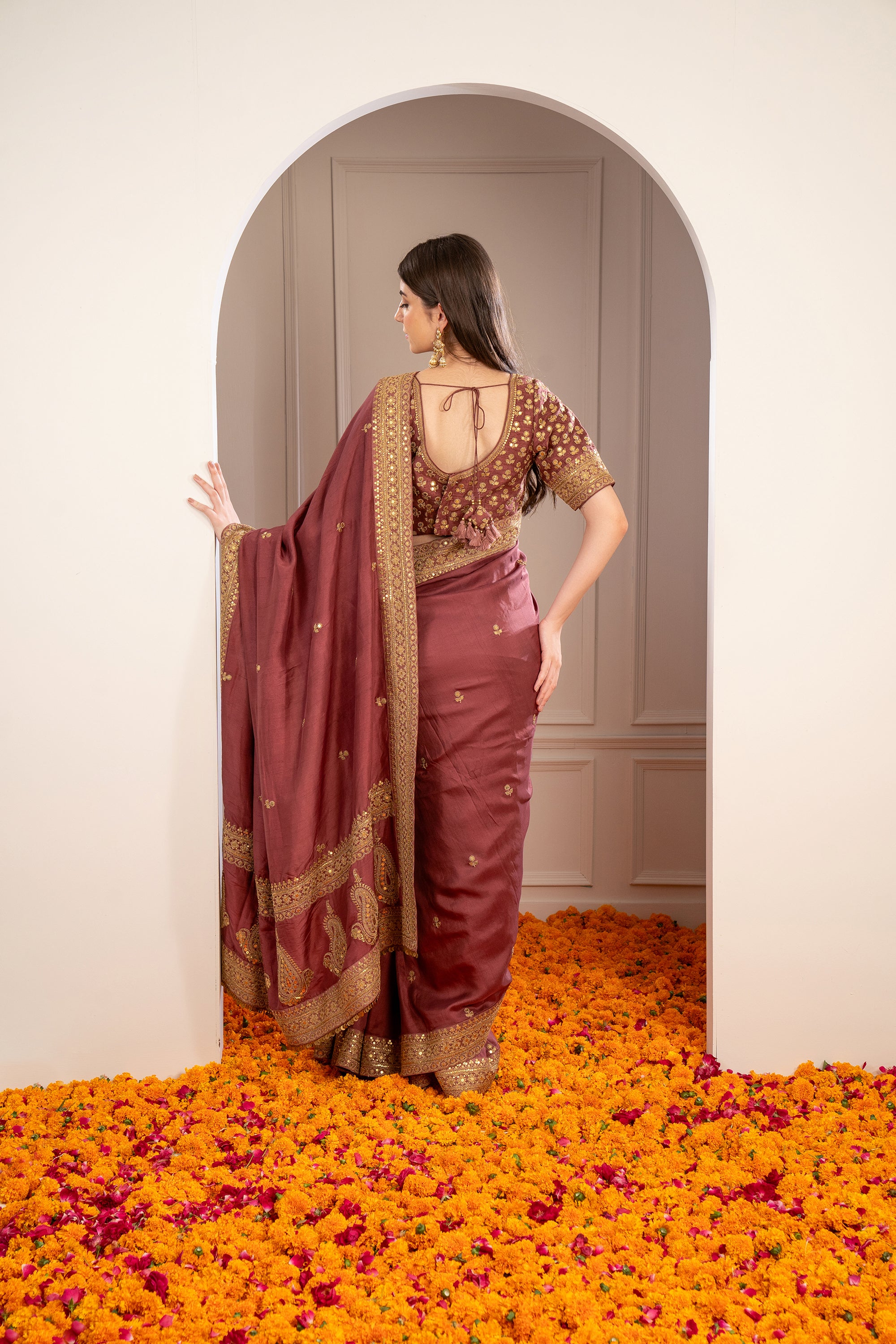 Brick Red Soft Silk Saree with Pita Work