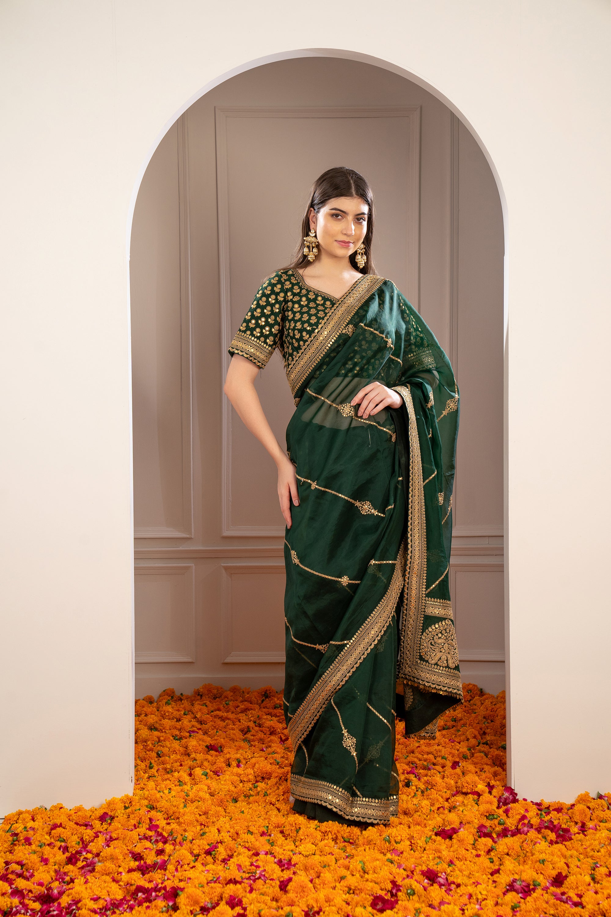 Pine Green Semi Silk Saree with Pita work