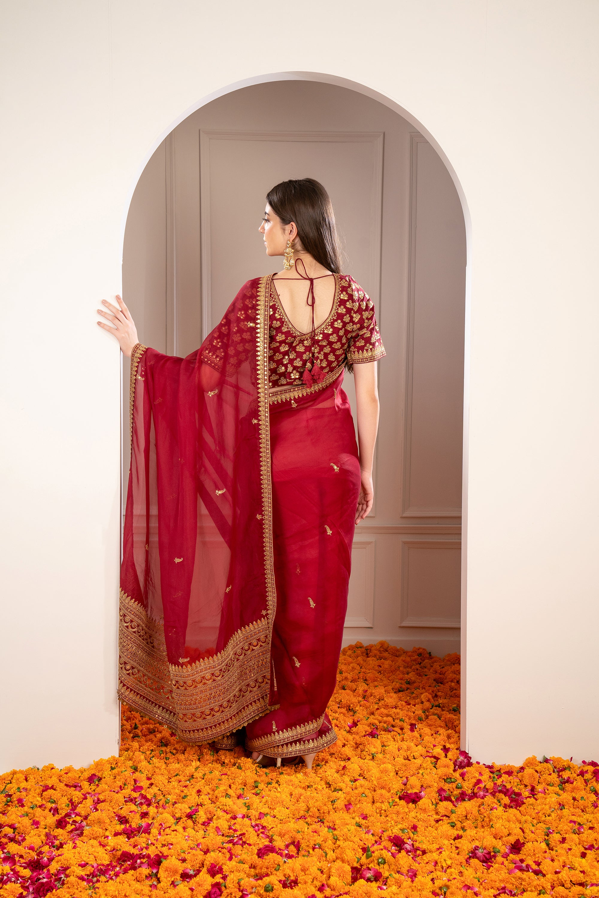 Maroon Organza Saree with machine work