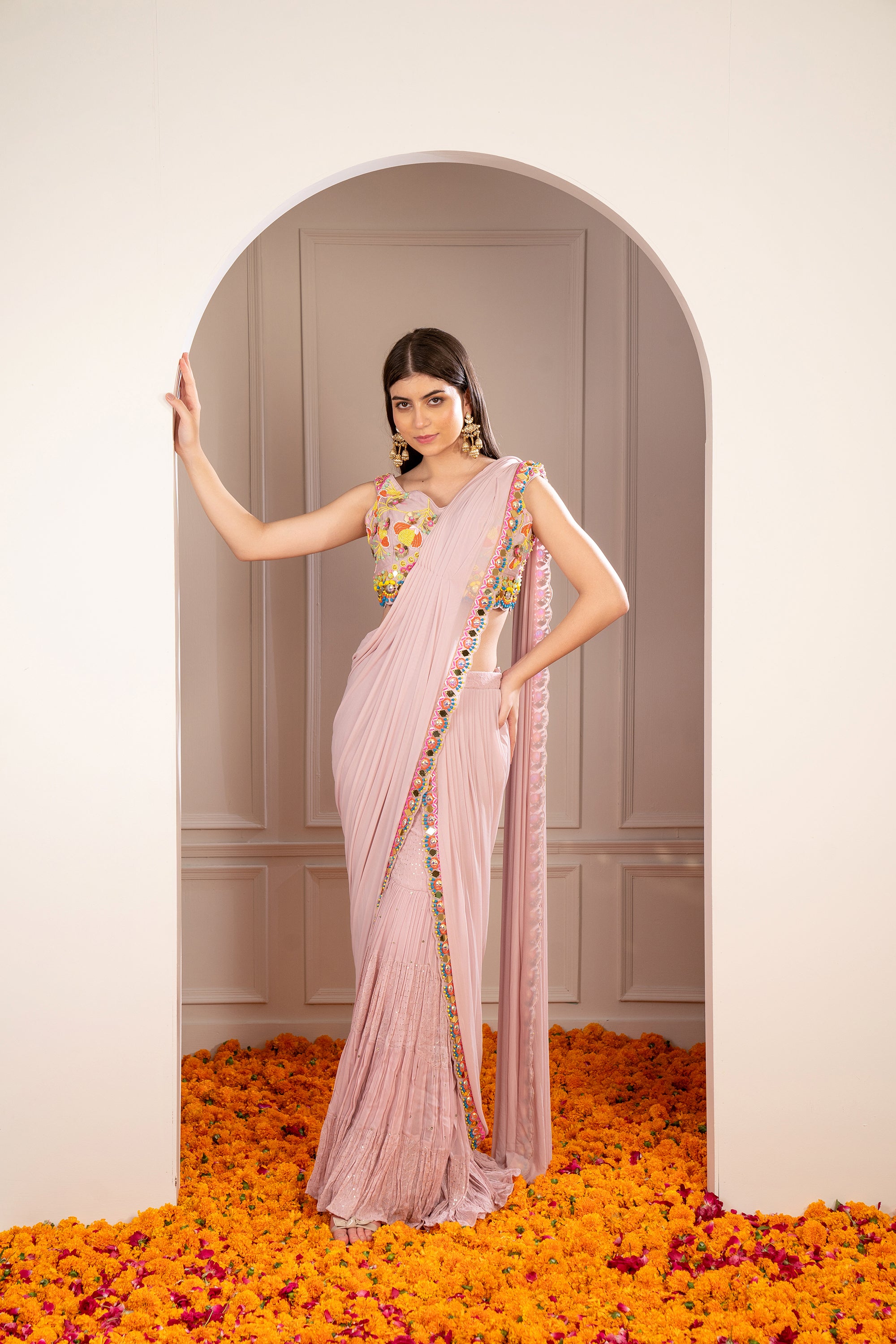 Buy Elegant And Graceful Pink Geometric Print Sharara Saree With Blouse by  Designer PAULMI & HARSH Online at Ogaan.com