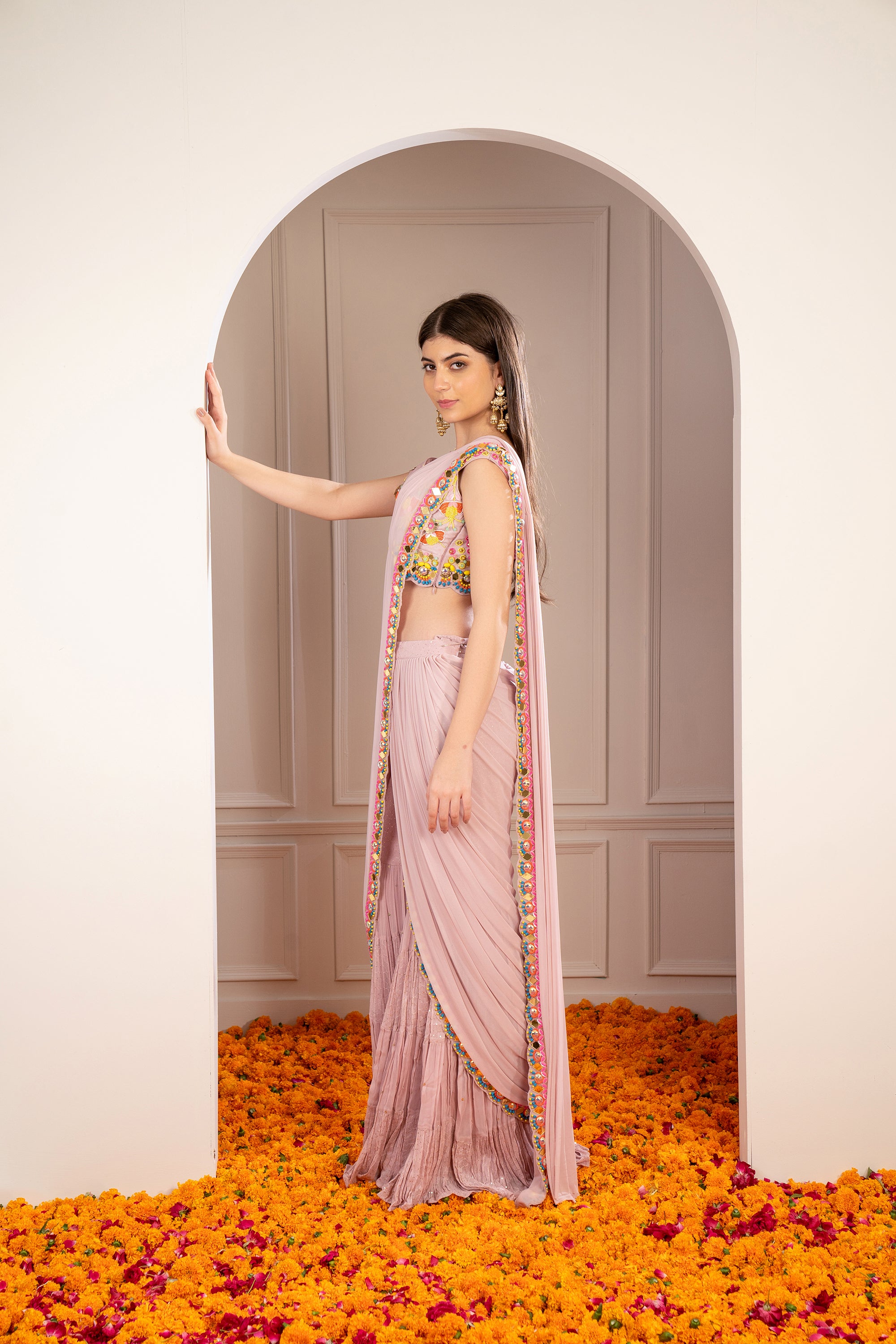 Buy Grey Viscose Georgette Pre-stitched Sharara Saree With Blouse For Women  by Nitya Bajaj Online at Aza Fashions.