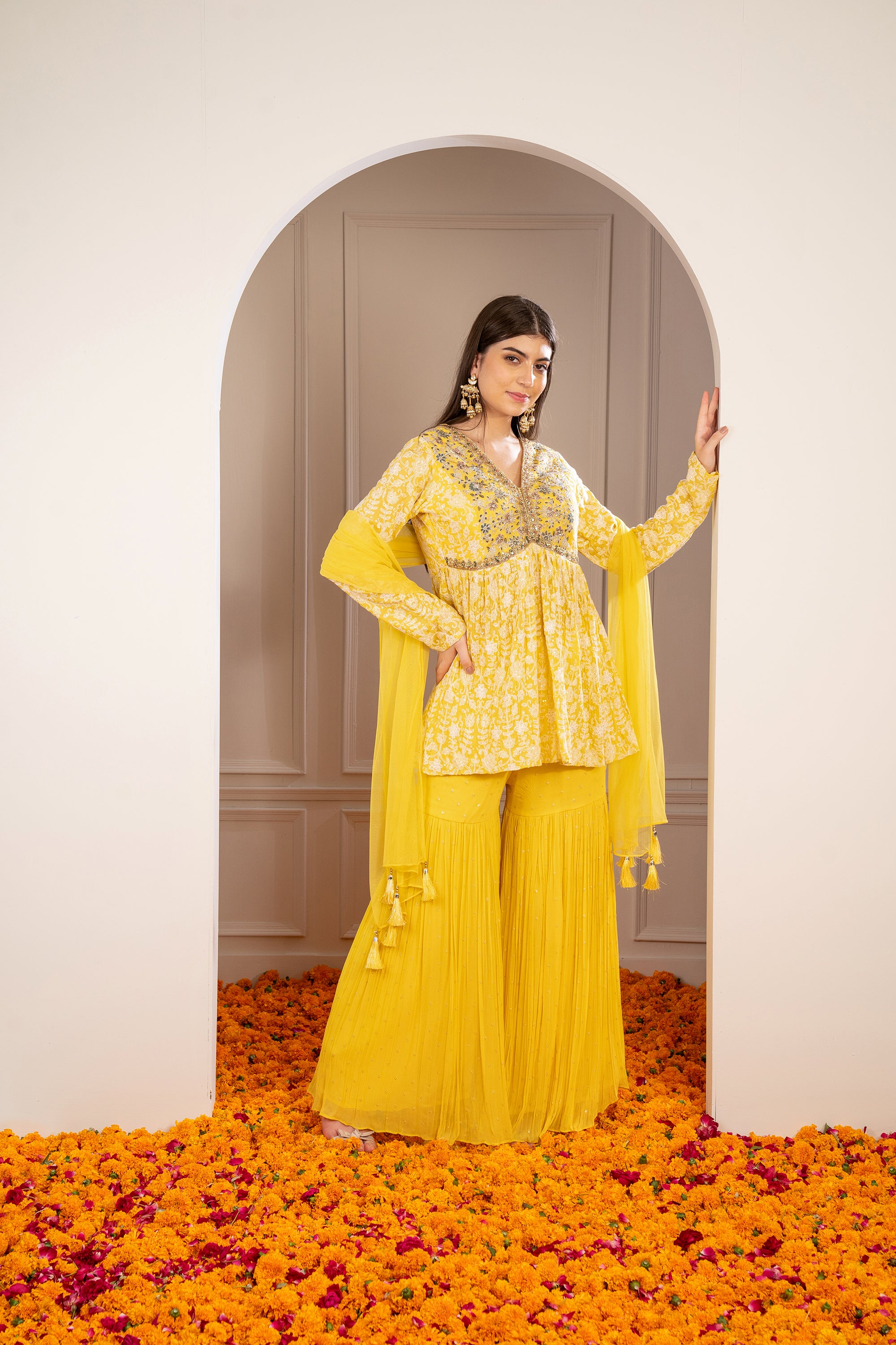 Sunglow Yellow Georgette Embroidered Indo Western Sharara Set