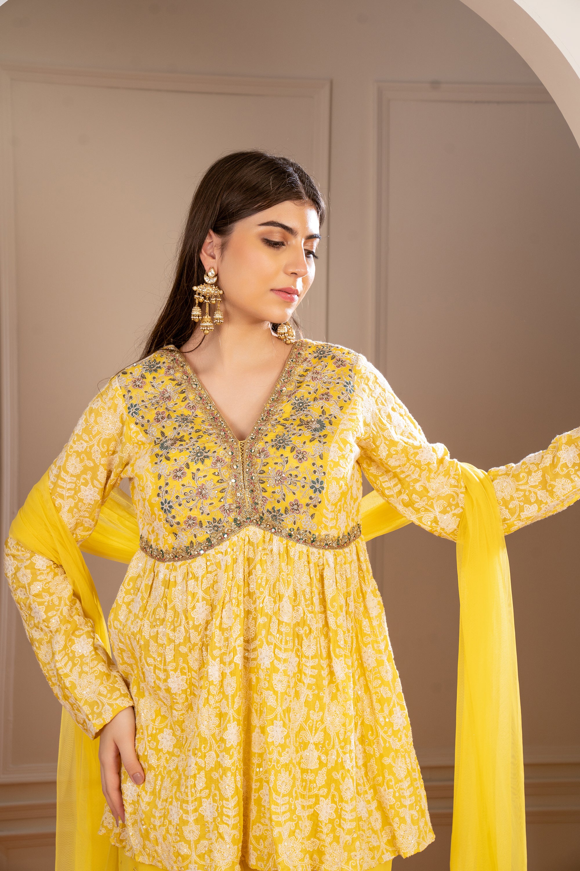 Sunglow Yellow Georgette Embroidered Indo Western Sharara Set