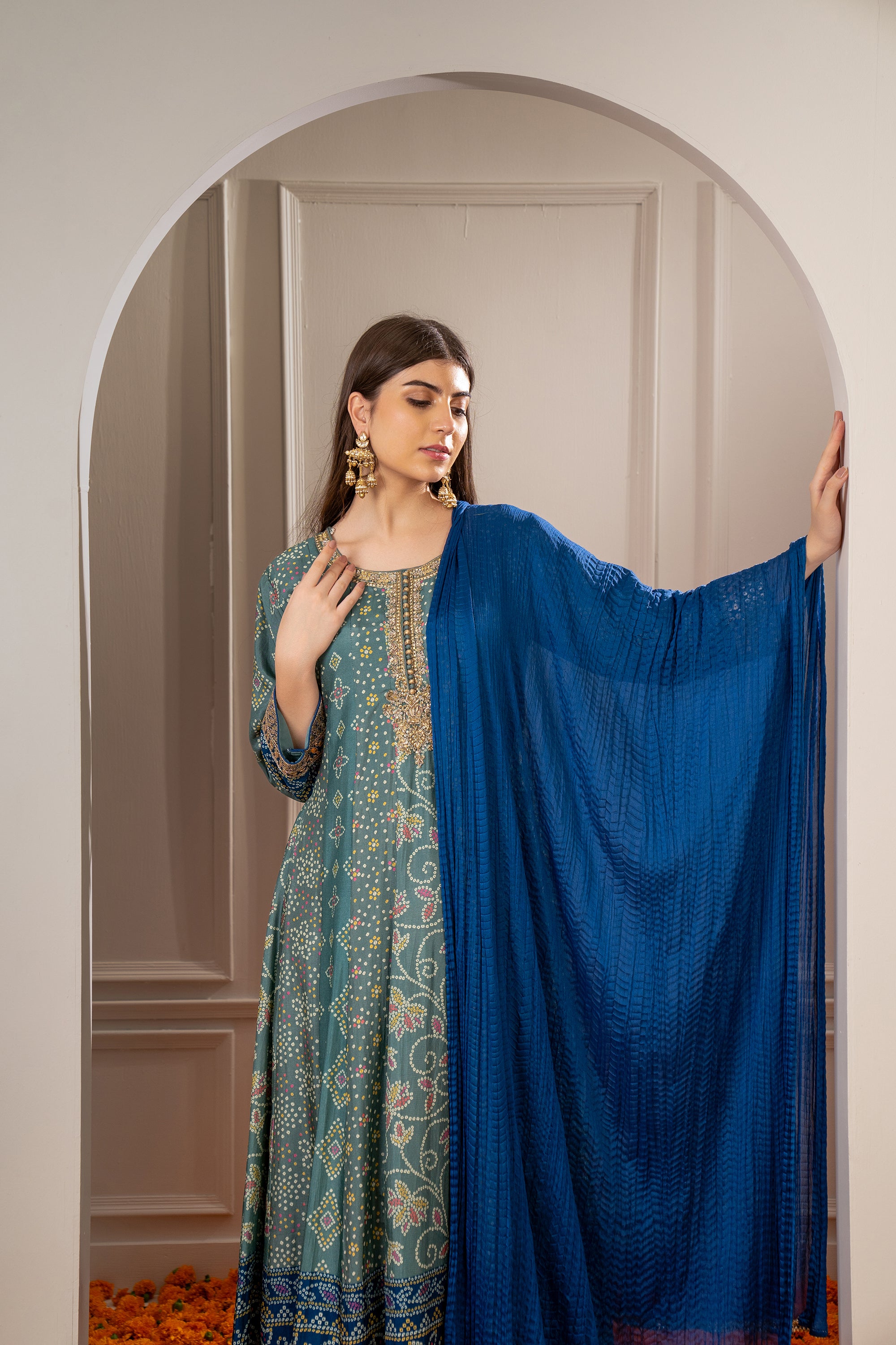 Peacock Green Printed Soft Silk Embroidered Gown