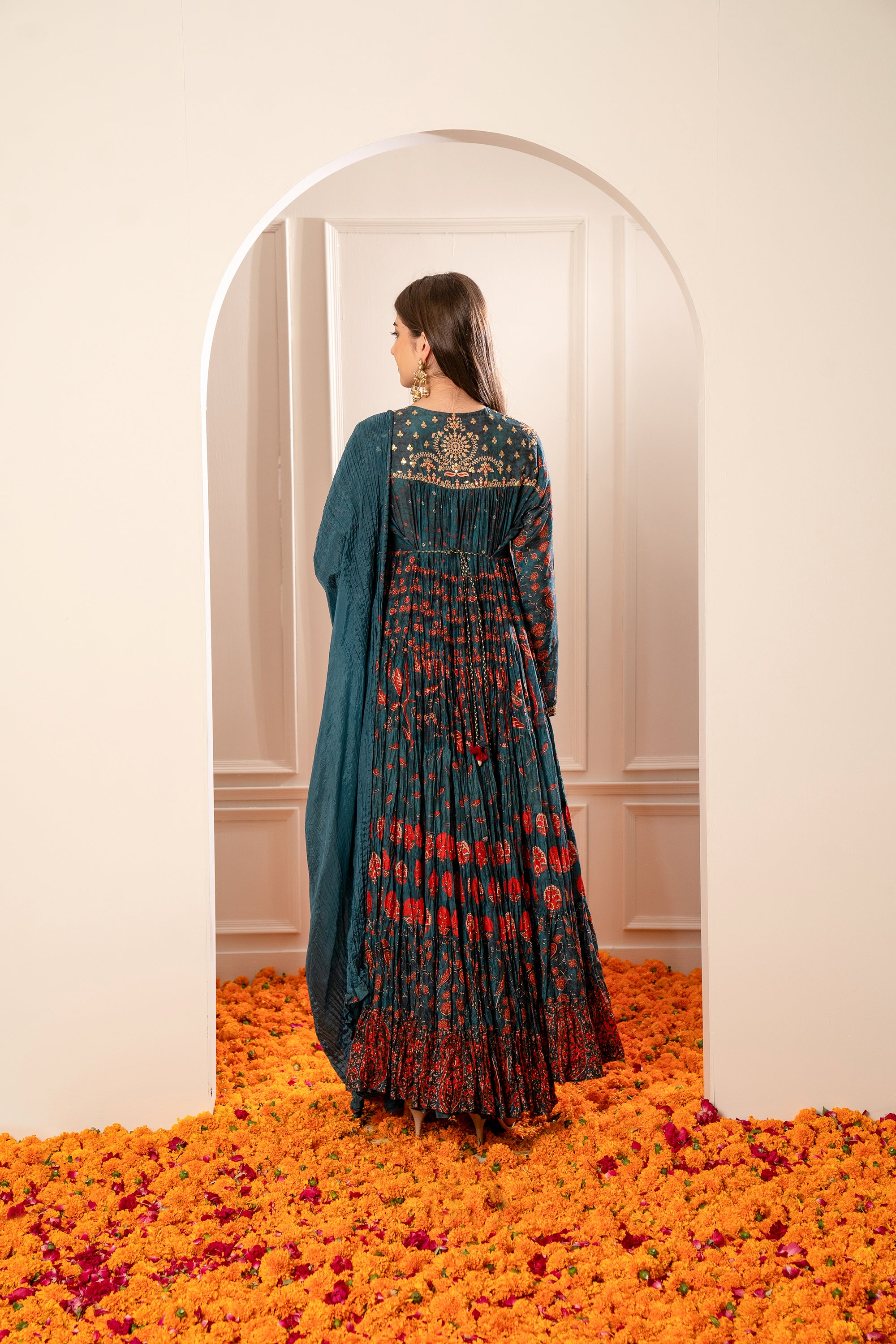 Peacock Blue Soft Silk Printed Gown.