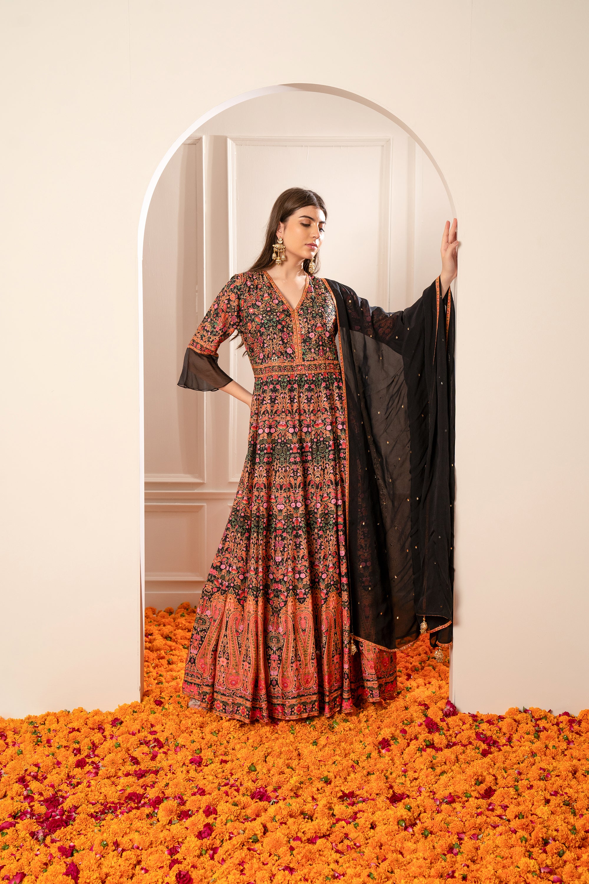 Multicolour Georgette Printed Gown with Sequins