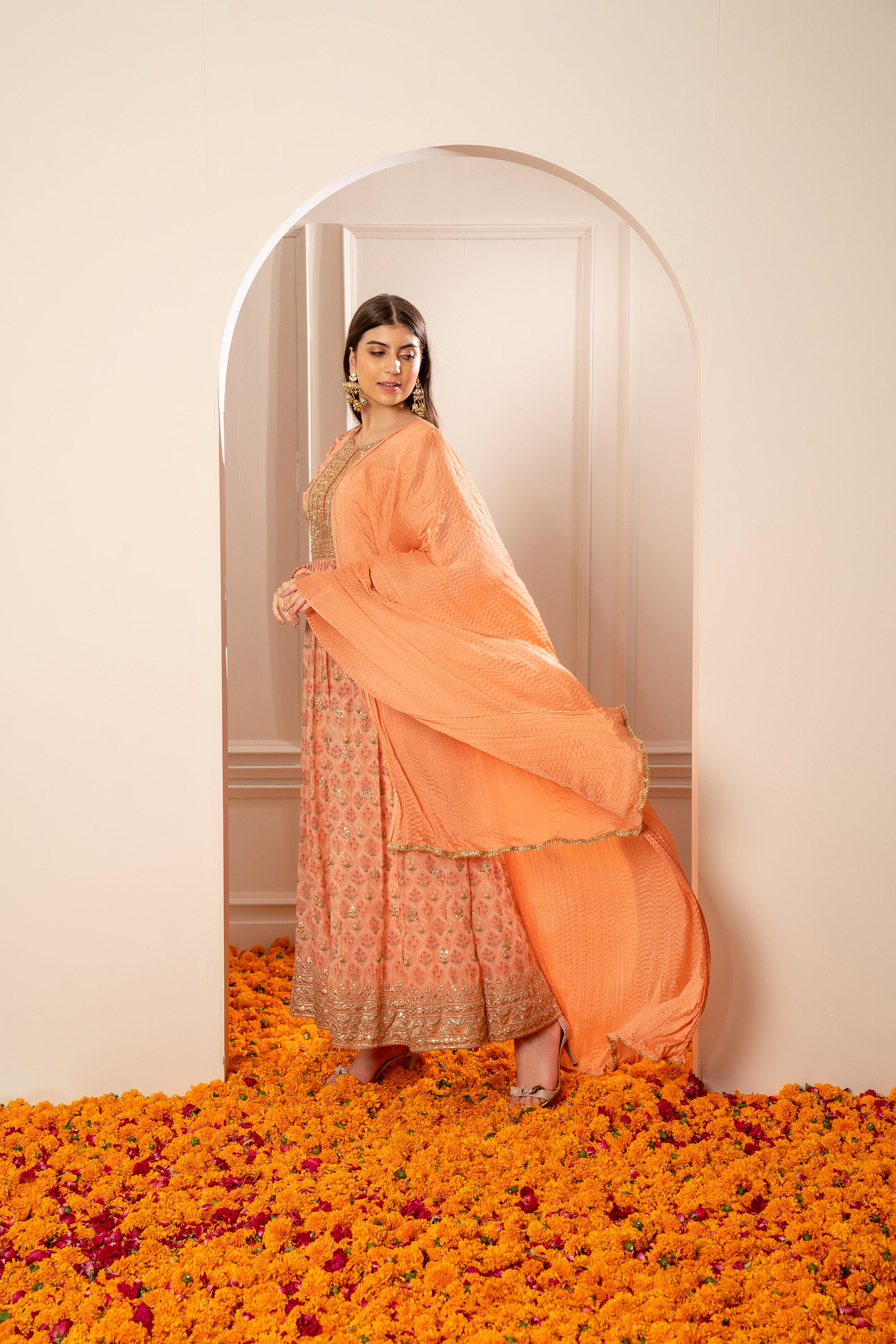 Bright Peach Printed Gota Patti Organza Gown