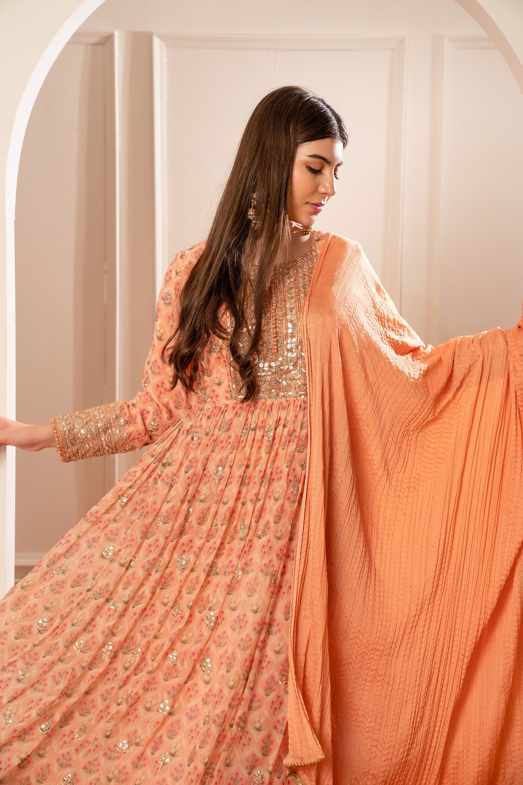 Bright Peach Printed Gota Patti Organza Gown