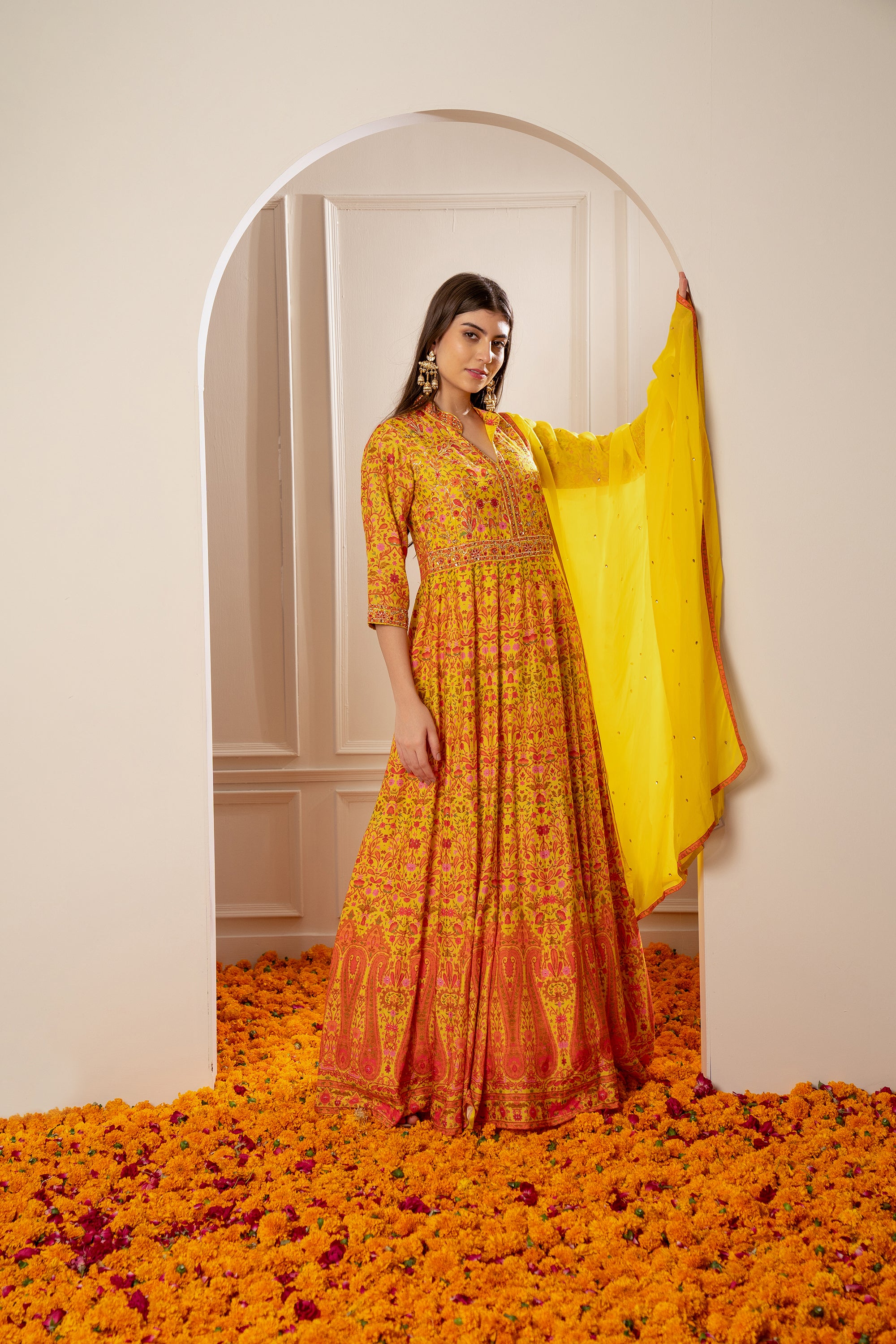 Shop Best Mustard Yellow Net Gown for Woman - Suryasarees