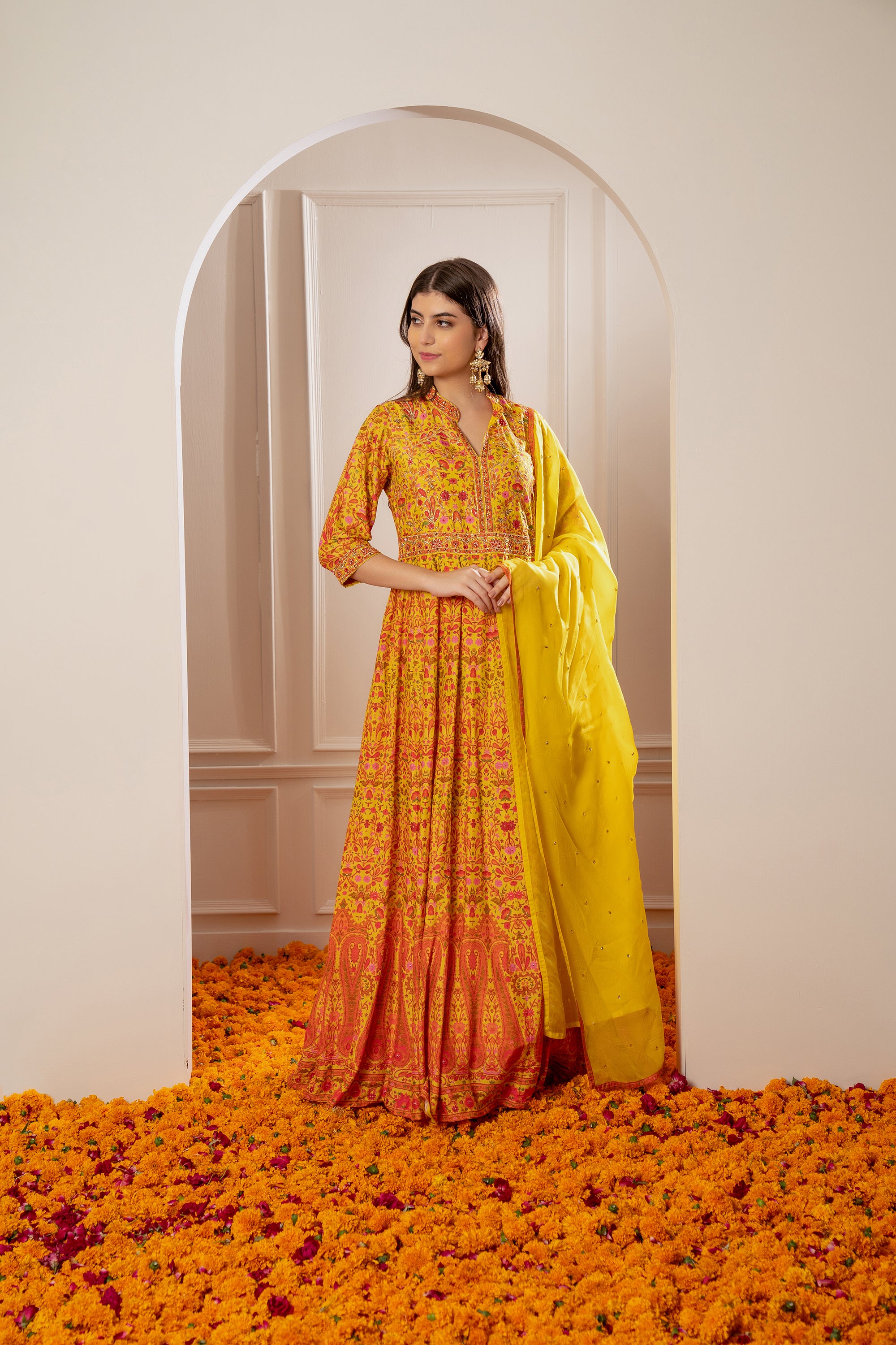 Bright Yellow Party Wear Haldi Ceremony Gown Yellow Outfits
