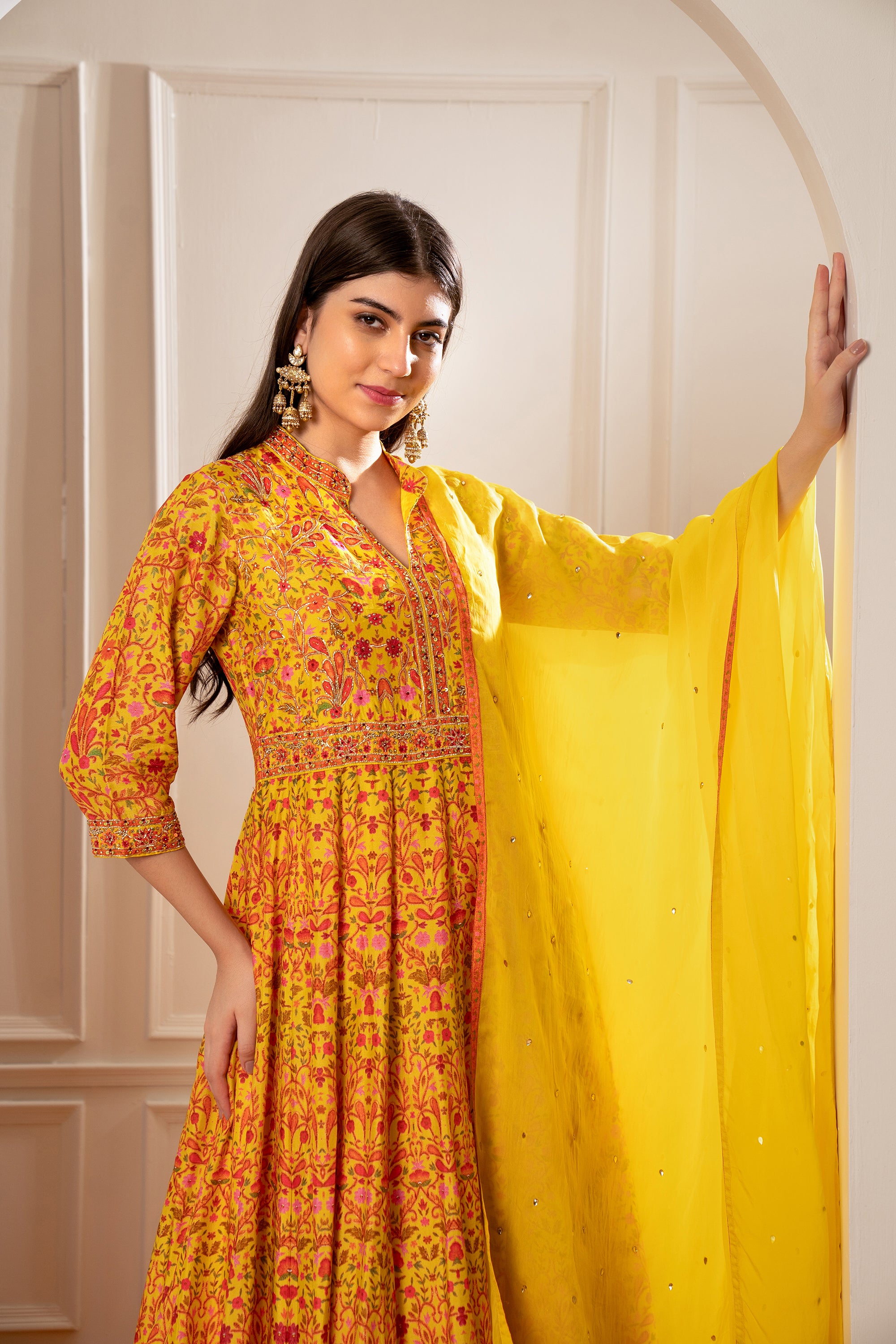 Shop Yellow Thread Chinon Haldi Gown with Dupatta From Ethnic Plus