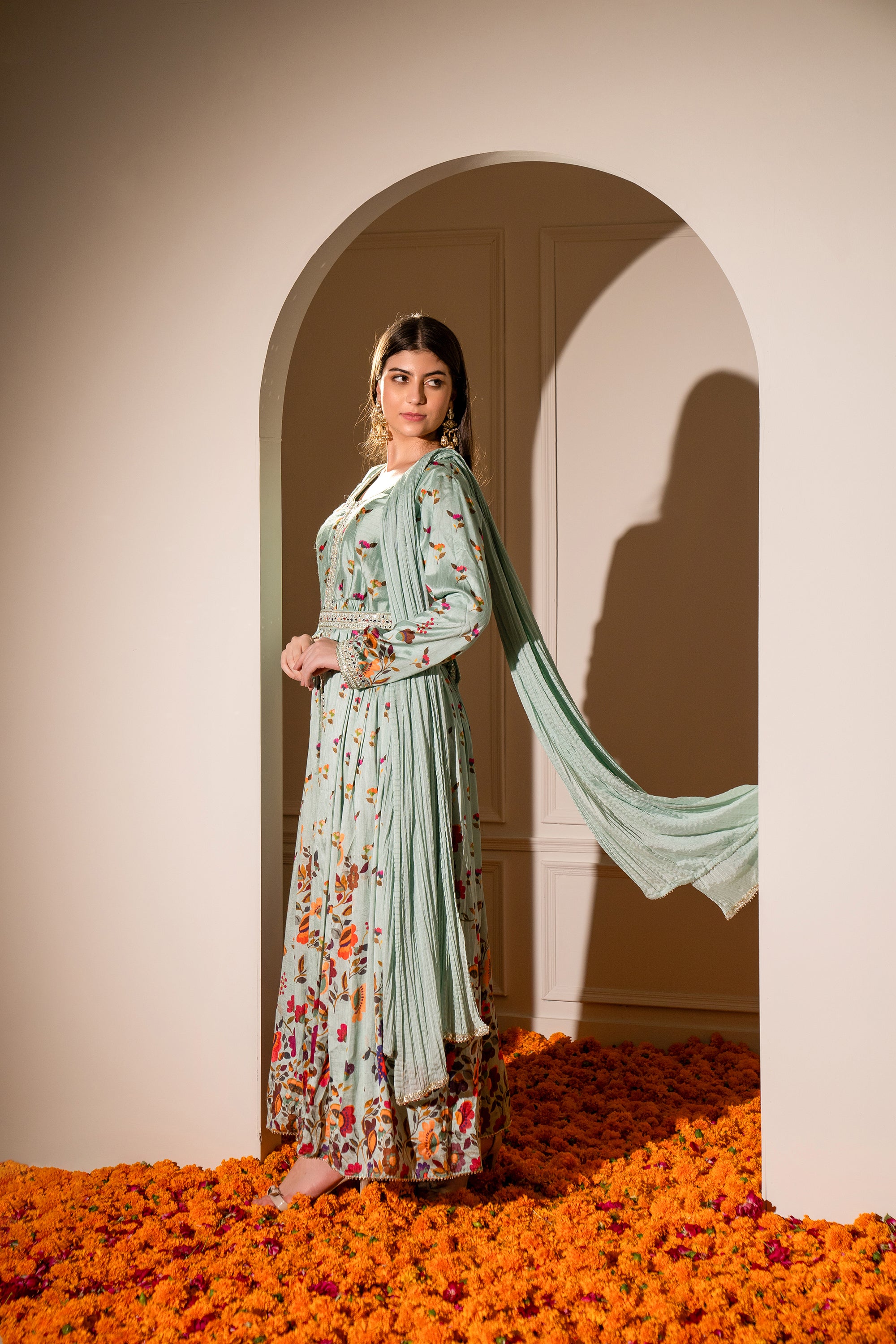 Sangeet Wear Net Fabric Embroidered Gown Style Anarkali Suit In Sea Green  Color
