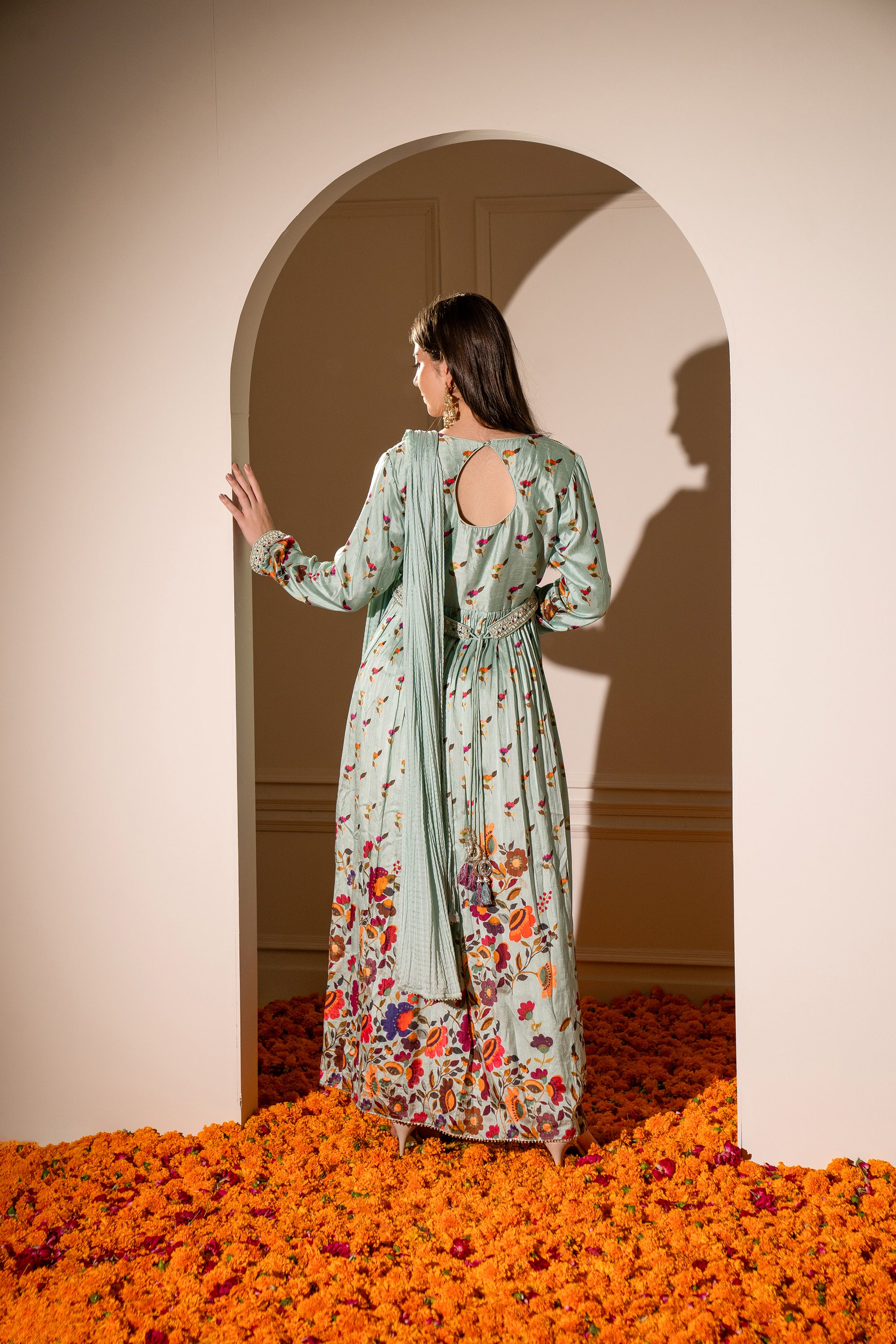 Pastel Sea Green Soft Silk Printed Gown with Intricate Mirror Work