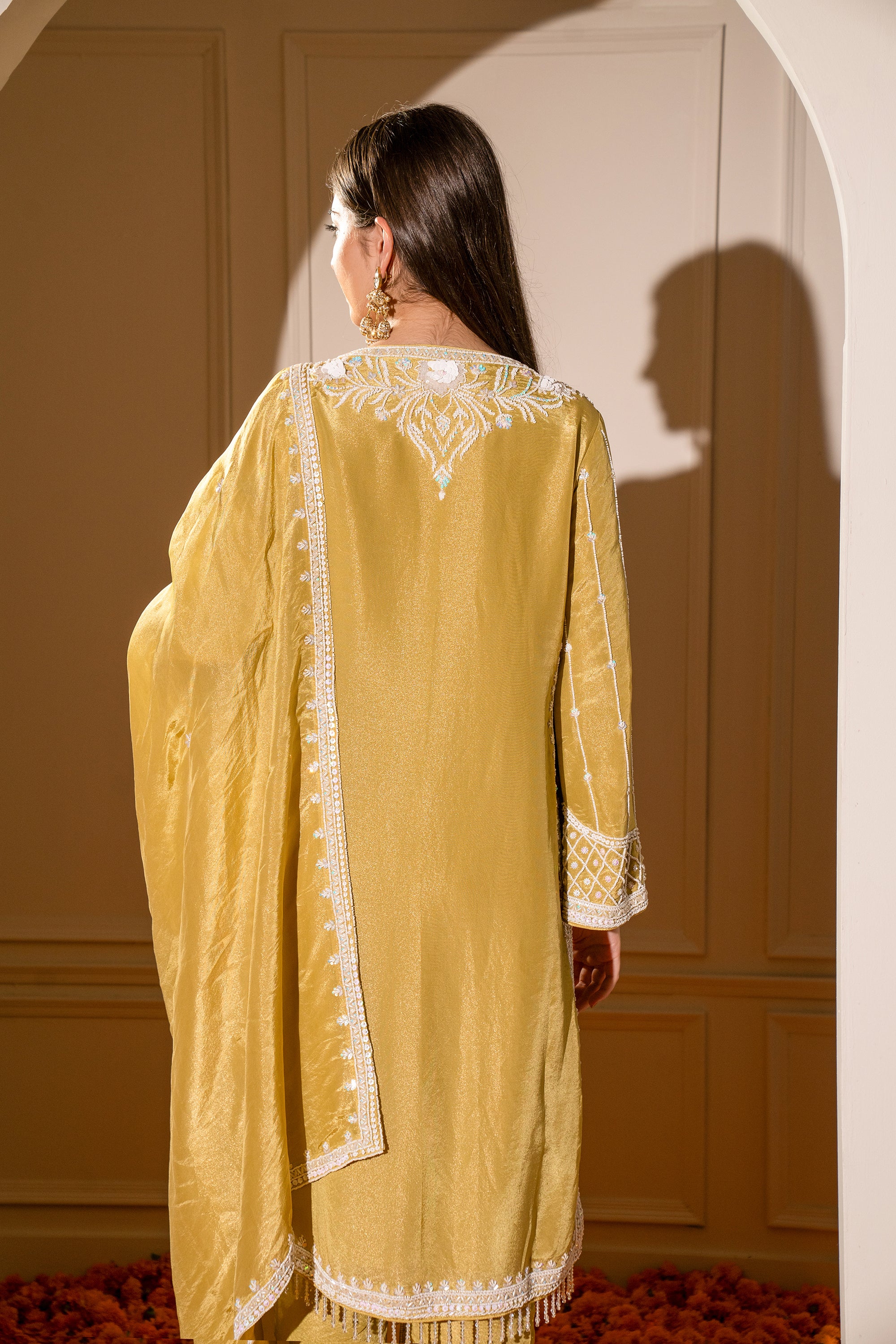Mustard Yellow Satin Silk Hand Embroidered Pajami Suit